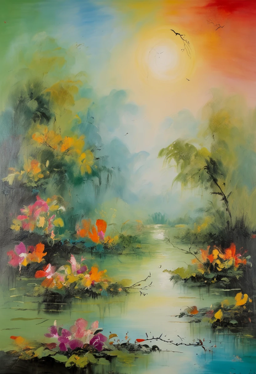 80s Chinese pastoral night view,Landscape fish and insects,Babbling water
