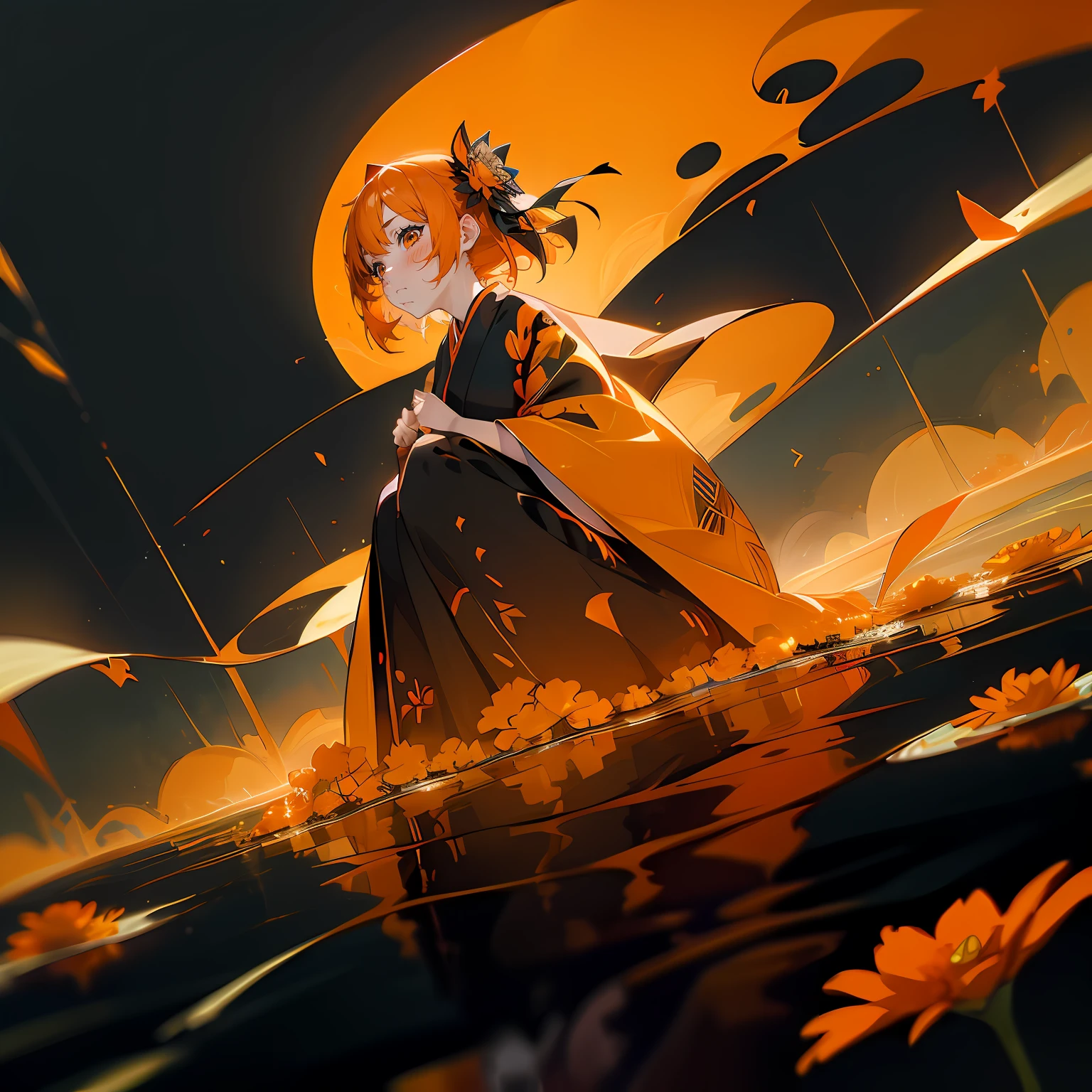 (Beautifully Aesthetic:1.2)、(1girl in:1.3)、(Black and orange colorful hair:1.2)、Orange and black kimono、Fantastical、wretched、Orange and yellow marigolds are blooming、natta、Sad face、