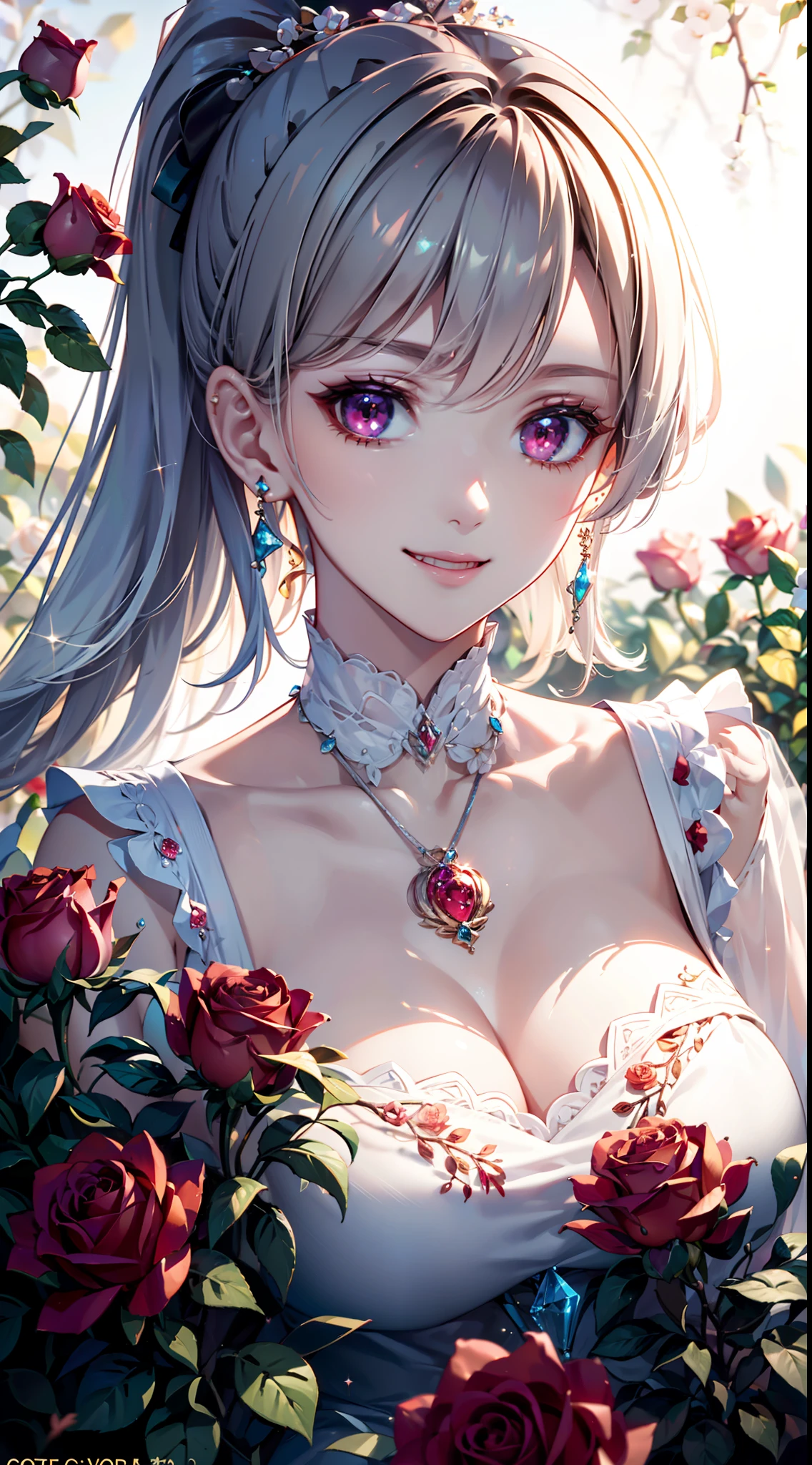 Garden covered with red roses in the background, Silver hair, front ponytail, eyes reflection, red contact lenses, Pink eyes, Fox earrings, Blue crystal pendant，Evil smile, High detail, romanticism lain, Depth of field, Sparkle, Ray tracing, viewfinder, zoom layer, Close-up, Bokeh, Anatomically correct, High details, 1080p, hyper HD
