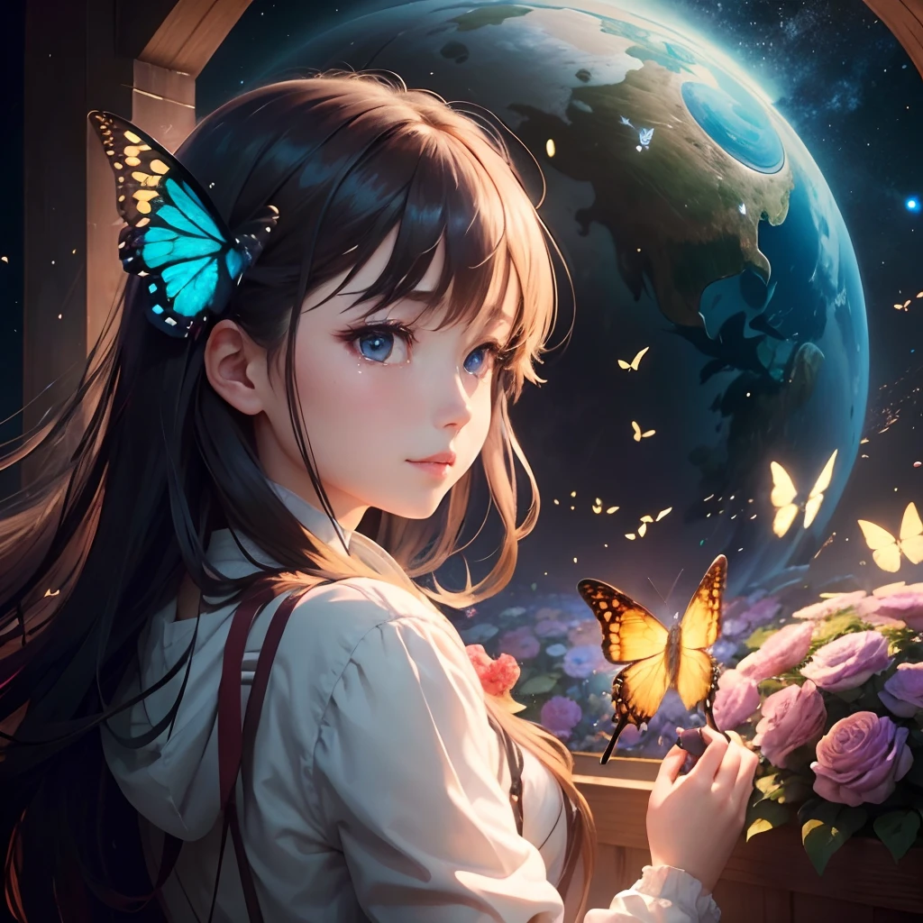 8K wallpaper with beautiful and excellent quality CG illustration of Hoshino Eye、Butterflies fluttering around flowers、Elegant and soft shades、Drift through the fantastic air、The best light and shadow as a work of art、Starry night sky、Dreamy worldview、Scenes expressing happiness and love、Evoking emotions at the same time as moving beauty。(Ai Hoshino),hosino_ai,