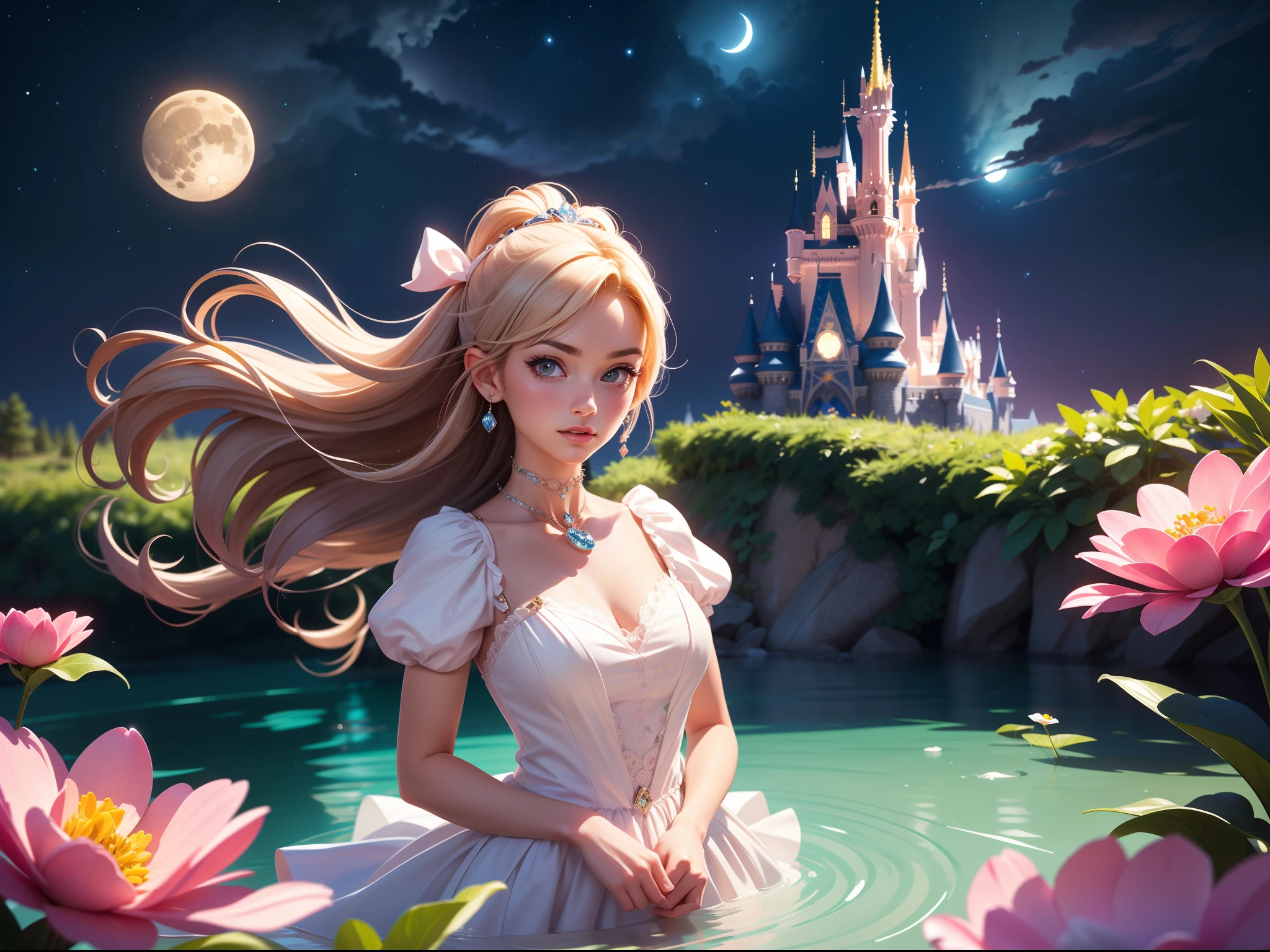 in a panoramic view，wide angles，（A woman in the picture，Starry night、Cinderella's castle、Panoramic view of Disney's stone castle），4k picture quality，Detailed description，Depiction of demeanor，Detail portrayal，large moon、Small clouds、Moonlight、tranquil lake，Beautiful moon reflection、Ultra-realistic scenes、detaileds、Foto realism，Starry sky at night，Fireworks bloom in the sky，Spherical flowers explode，Colorful，The meadows are full of flowers，The wind blows the petals，Normal face，1girl  air bubble pool pink flower tile floor