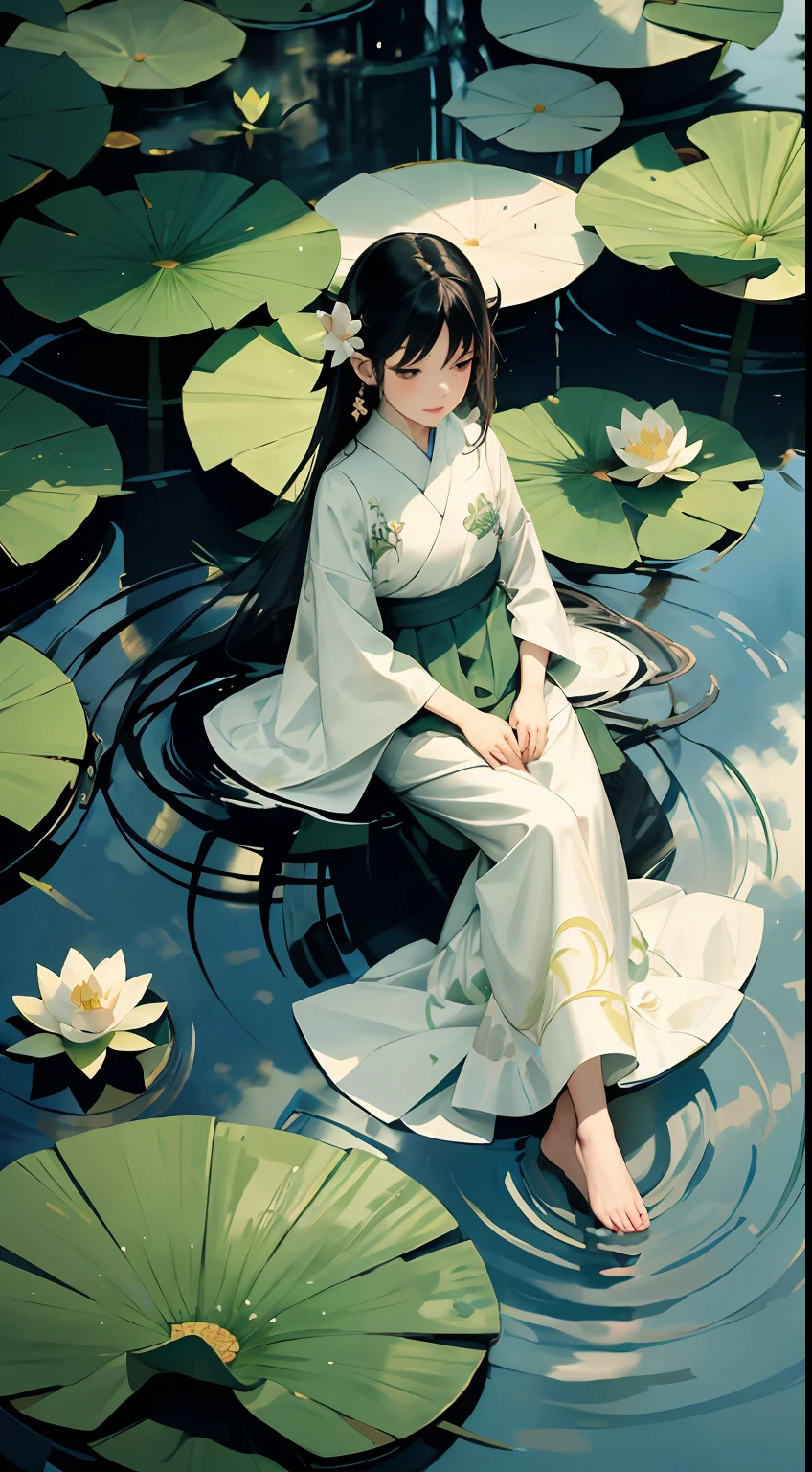 A pond full of lotus, a little girl sitting on the lotus leaves of the pond, happily,huge lotus leaves, barefoot, dressed in white and green hanfu, light and shadow, a masterpiece
