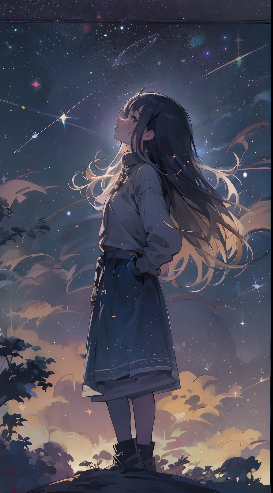 1girl, long hair, looking at the sky, starry sky, stars, bright night, galaxies, planets