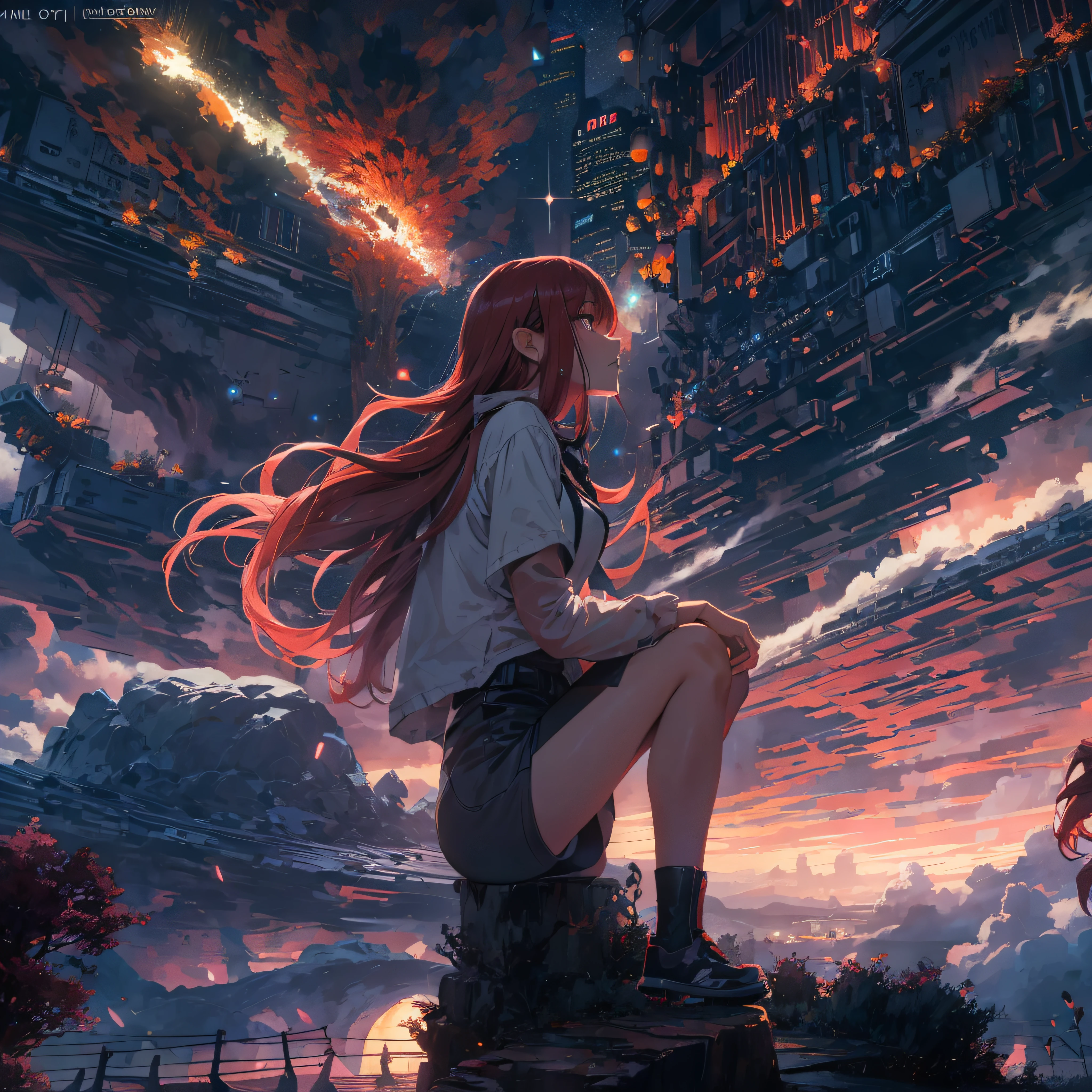 octans, sky, star (sky), scenery, starry sky, night, 1girl, night sky, solo, outdoors, portal gate to the new world, cloud, comets, meteor, milky way, sitting, tree, bring robot, long red hair, white shirt, golden eyes, black panties, wet, sexy, cyber city, futures, silhouette, cityscape, amazing, power, aura.