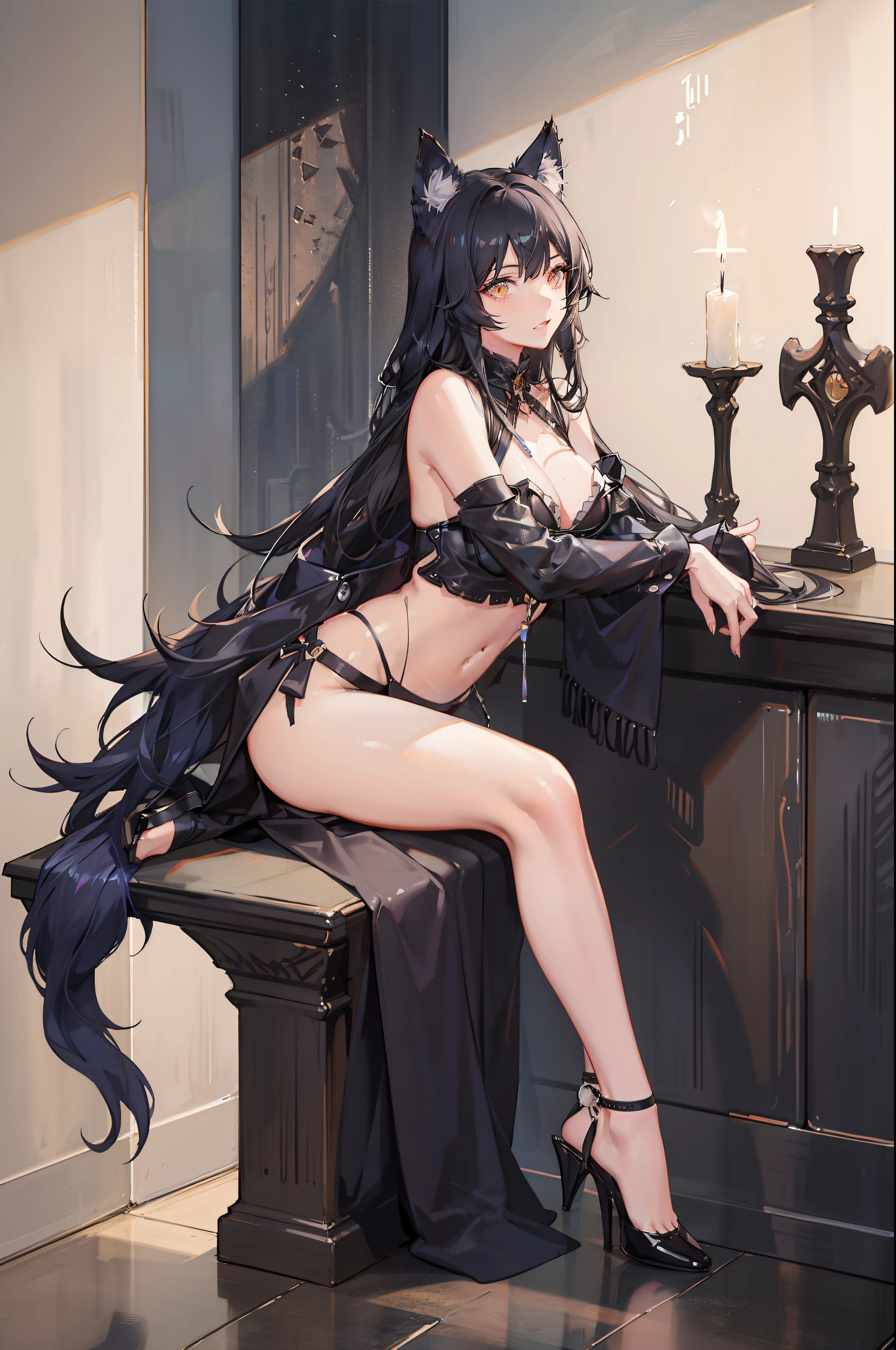 one woman, wolf ears, wolf tail, leather, sexy, masterpiece, good hands, good fingers, good legs, good feet, good eyes, long hair, dark skin, see-through,