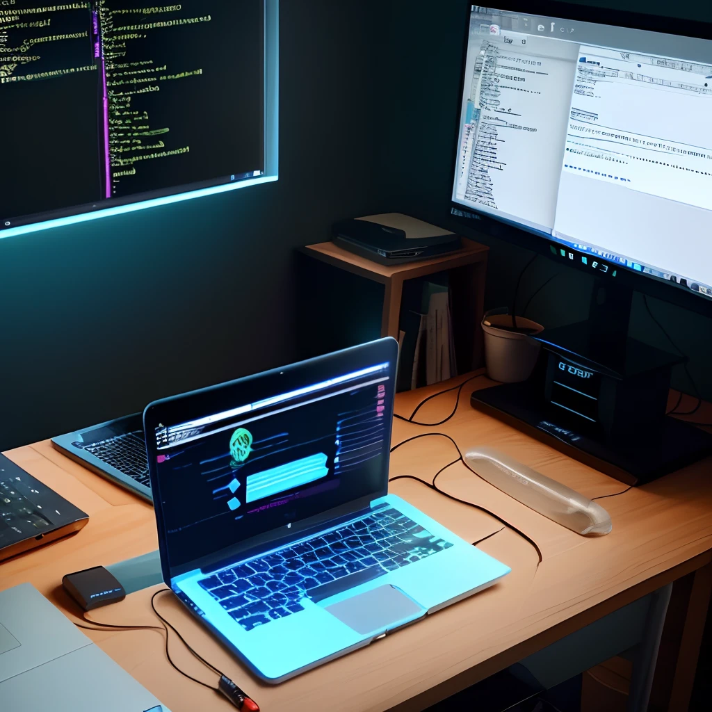 Create a laptop on a desk in dark room and VS code running on Laptop and desk looking like a coding enviornment for a professional coder in RGB lighting in enviornment