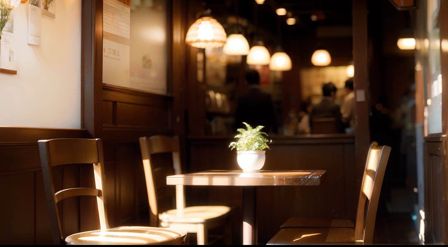 It depicts a Japan café with an antique-style exterior。Warm light coming in from the window、Gently illuminated by wooden tables and café chairs。Tea and coffee are placed on the table.、Cafe decorations and art adorn the walls。At the counter seats, a barista brews coffee、We greet customers with a smile。Seasonal flowers and plants are placed around、A friendly atmosphere spreads in the café.。