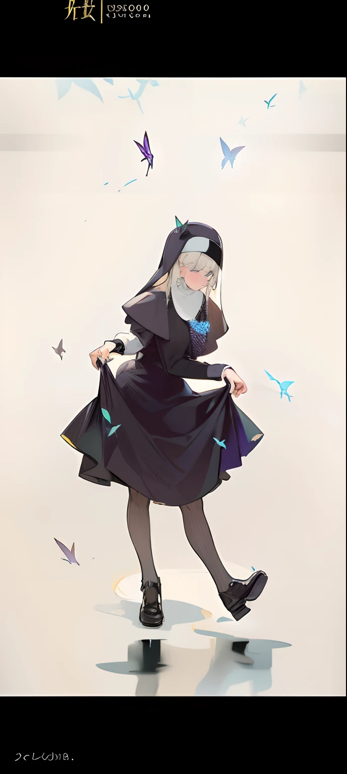 Wearing a black and white nun dress to the knees,Butterflies around you