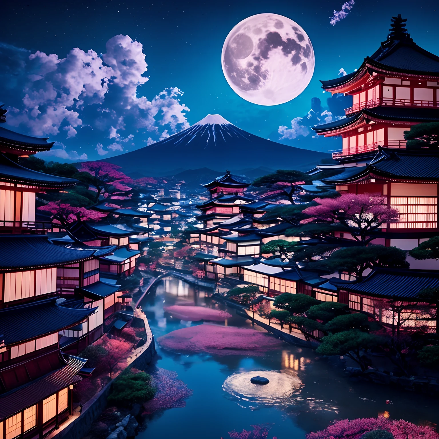 A close-up of a river with a mountain in the background, japan at night, Ciudad japonesa, Ciudad japonesa de noche, Ciudad japonesa, Japonisme 3 D 8K Ultra Detallado, Colorida ciudad de Kitsune, Japanese fantasy, Inspirado en Kioto, japanese village, japanese landscape, Templos japoneses, japanese art style, Arquitectura japonesa antigua, Japanese Cyberpunk Temple, Arte de fondo del anime