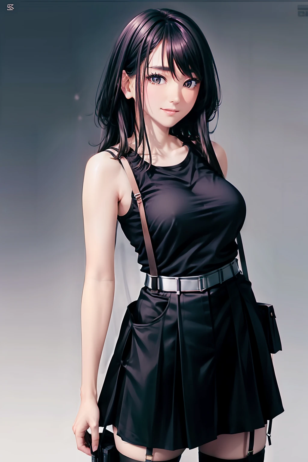 a black skirt, , Tank tops suspenders, Long Black Hair, Gray eyes, holster, Garter belt on the legs, , Moderate breasts and tight clothes, both sides Behind no-bra