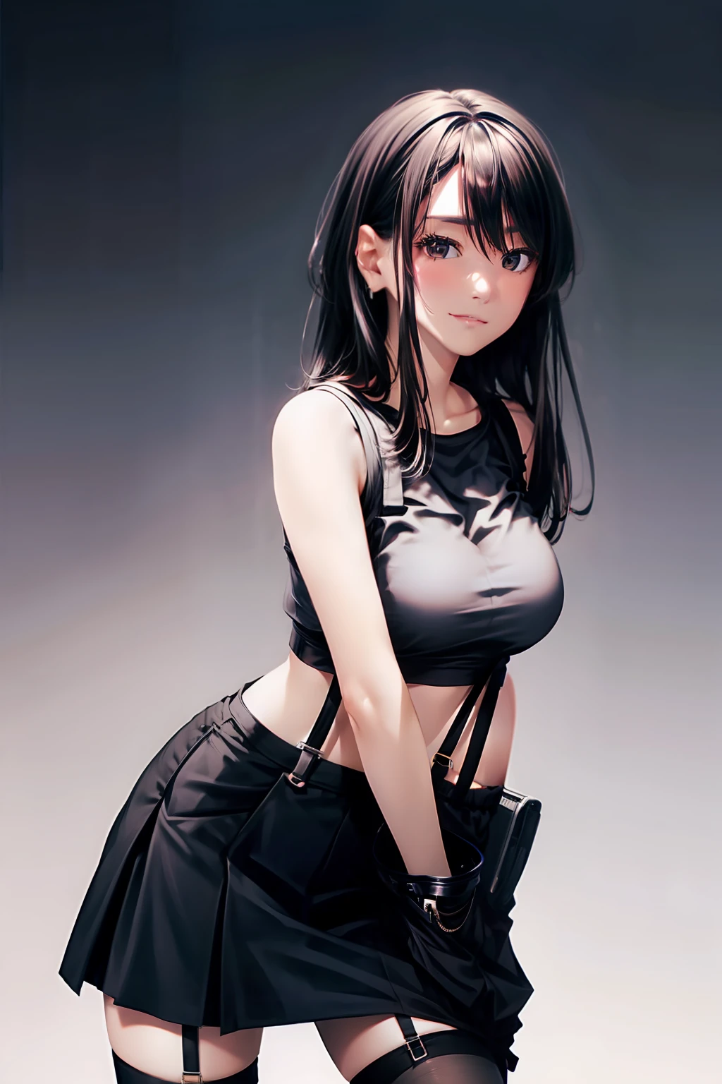 Woman wearing hip skirt and black stockings posing for photo, The head is not exposed，[ 4K realism ]!!, [ 4K realism ]!!!, [ 4K digital art ]!!, Realistic shadow perfect body, realisticlying!!!!!!! art-style, photorealistic anime, by Shitao, Popular topics on cgstation, Casual pose, realistic anime 3D style