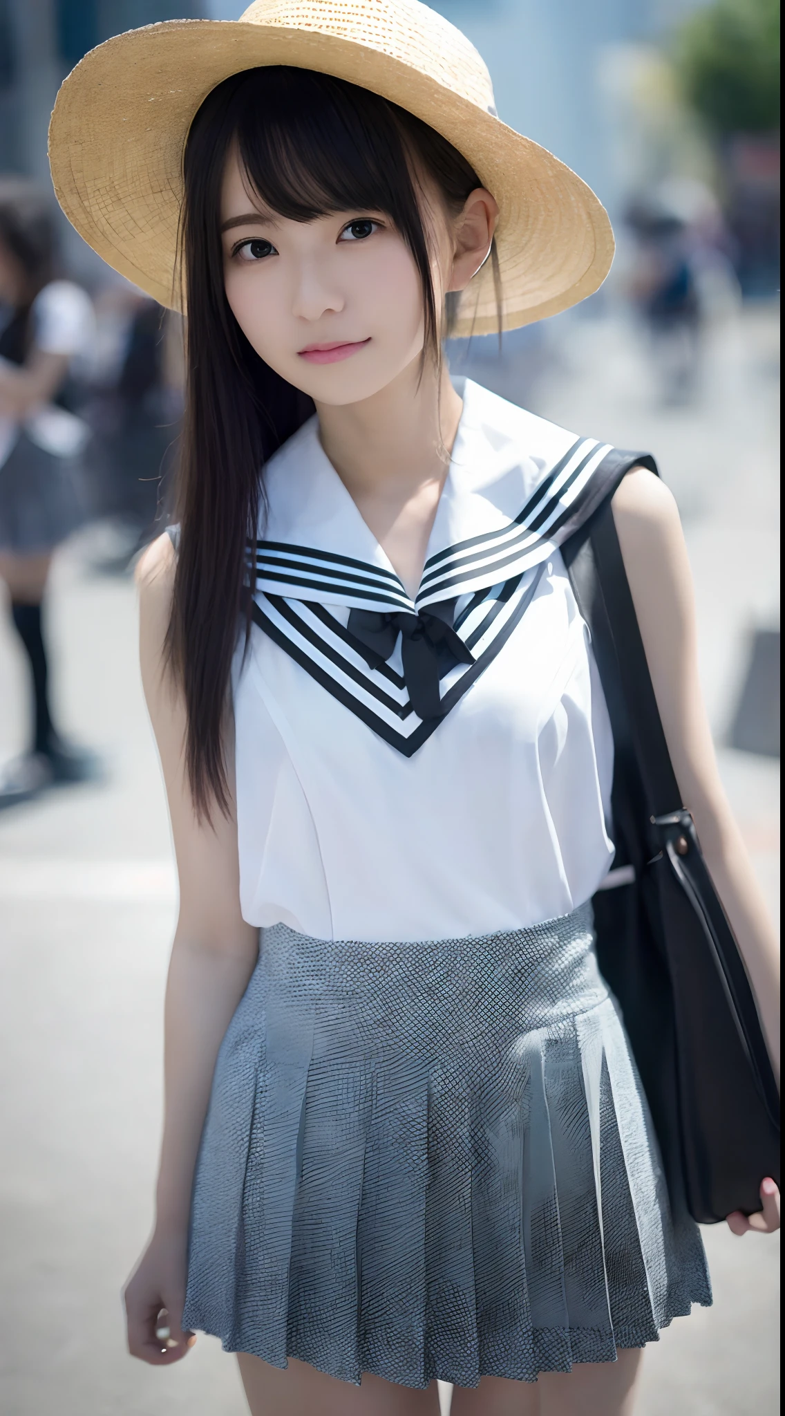 mix4, (8K, Raw photography, Top image quality, masterpiece: 1.45), (realisitic, Photorealsitic: 1.37), one girls, cute little, A city scape, natta, Sateen, Wetty, profetional lighting, photon maping, Radio City, physically-based renderingt, Gradient black hair, white hair, short curly hair, a handsome, girl with, (((Randomly generated plain clothes))), Top Quality Photos, hight resolution, 1080p, (clearface), (Detailed face description), (Detailed hand description), (masterpiece), (Exquisite CG)、extreme light and shadows、dishevled hair、master work、abundant detail、(Fine facial features)、(top quality photo)、(masuter piece)、(A detailed eye)、Look in front of you、Fine clavicle、((Slender big))、((Private School Uniforms、summer clothing、a sailor suit、a miniskirt)))、((In front of Shibuya Station))、((Wear a straw hat))、(Shooting from random perspectives)、(((Sleeveless)))、耳Nipple Ring、A big smile、Drawing the whole body from the knees、Holding a black leather bag