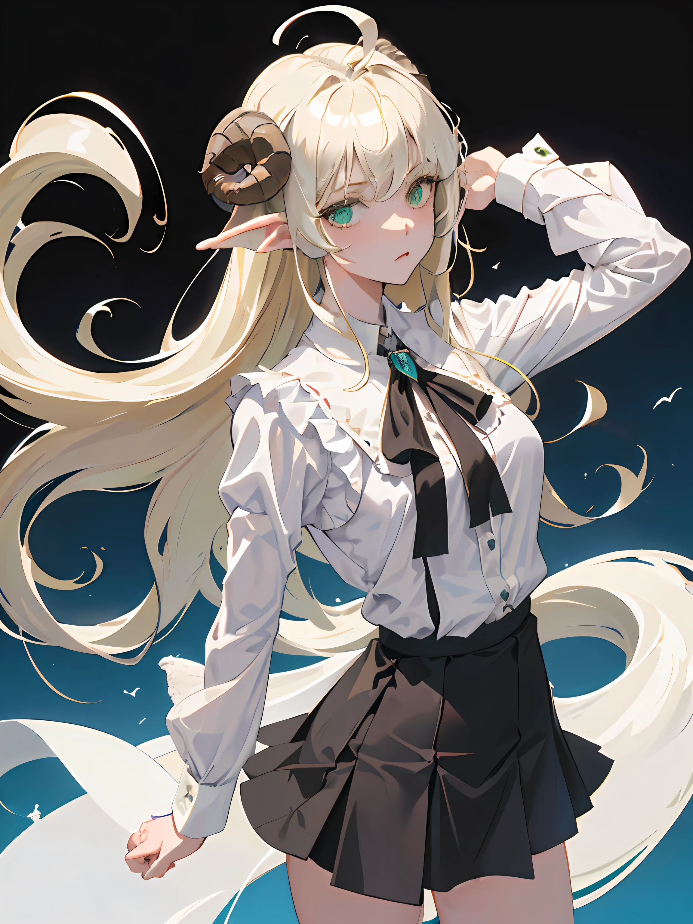 ((masterpiece, best quality)), (1girl), (solo), (female focus), (ahoge, ash blonde hair, long hair), green eyes, ((white shirt), (buttoned shirt)), ((black skirt), (short skirt)), standing, white background, arms behind back, bat wings on the waist, sheep horns, sad eyes, cold facial expression