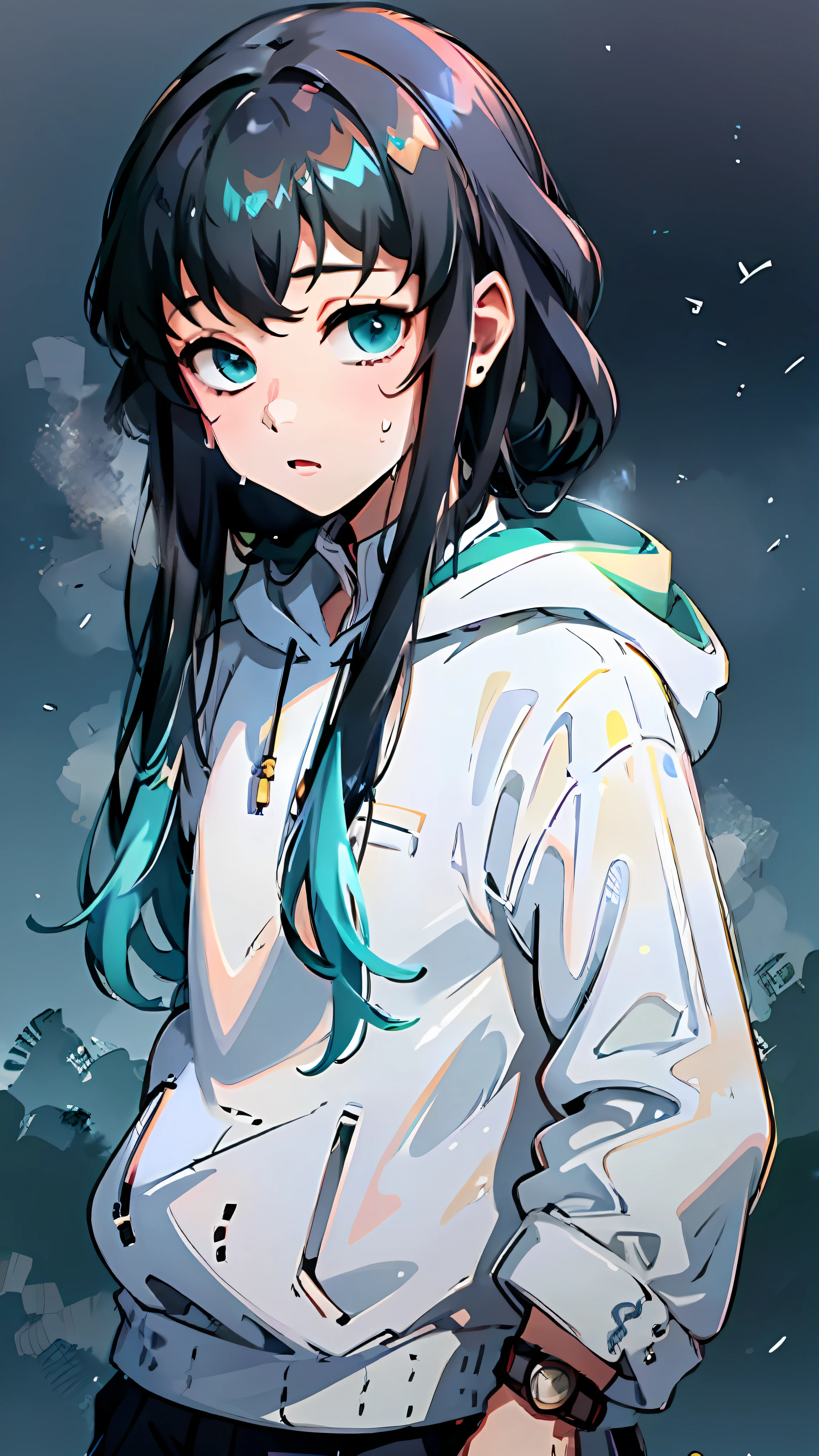 (masterpiece) (best quality) (shiny hair) (shiny skin), Best Quality, (1boy:1), Solo, Long hair, Watch viewer, Bangs, Black hair, Aqua Eyes, Multicolored hair, Tokito_Muichirou, Men's focus, Athletic wear, During exercise, Jersey, hooded hoodie, Sportswear, Sweat, Earbuds, Men, No breasts, ****, about 5 years old, muscular, expressionless, Demon Slayer,