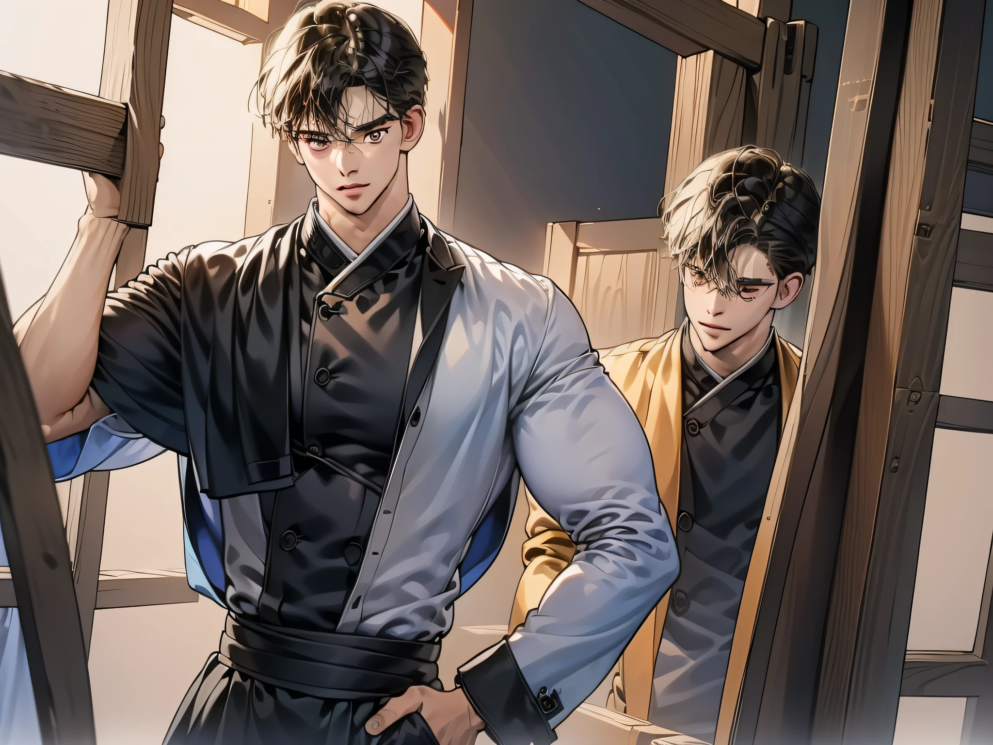 (masterpiece, best quality), intricate details, vector design, no humans, 1boy, man, black hair, , geto, suguru geto \(jujutsu kaisen\), long black hair partially tied up in a man bun while the rest drapes down his back, black eyes, dark blue gakuran jacket, matching pants, male focus, front profile, polo neck jacket, slacked pants, , black loafers, japanese castle interior background, horror scene, upper body, full body shot, no human, high saturated colors.