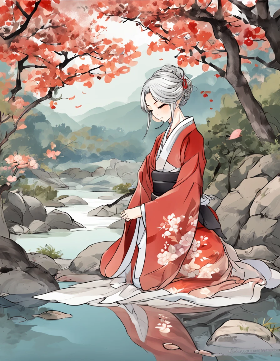 Detailed portrait of a Japanese girl, Skinny girl, Pear-shaped body, Red and black, old anime style, (anime big breast), (teen girl:1.2), Ghibli style, boobgasm, (tatoos:1.2), No shoulder strap, Shirt collar, Kneeling, looks away, in river, Flat colors, Intricate, Elaborate dress, Beautiful face, Short hair, White hair, hijabi sluty, River, landscape, Masterpiece, Best quality, Old Japanese house