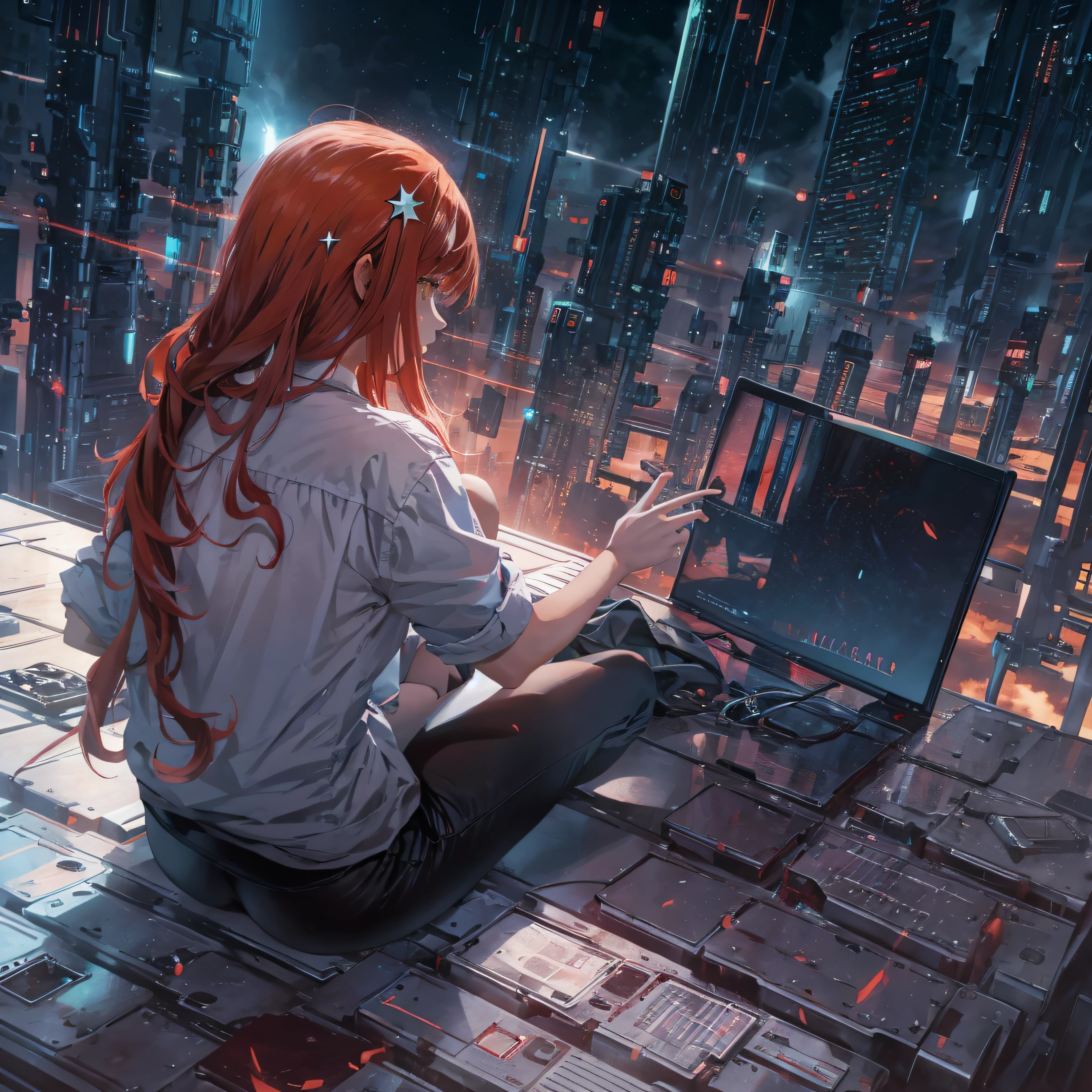 octans, sky, star (sky), scenery, starry sky, night, 1girl, night sky, solo, outdoors, building, cloud, comets, milky way, sitting, long red hair, white shirt, golden eyes, black panties, wet, sexy, futures, silhouette, cityscape, amazing, power, aura, a hacker talking about cybersecurity, red hair, black shirt, servers, cyber, laptop.