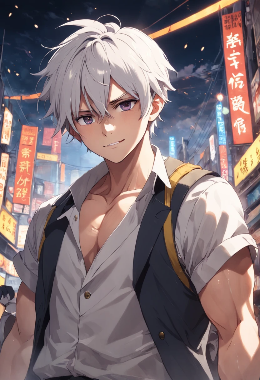 30-year-old young man Tall and strong, Broad shoulders, Strong arms, Strong and slightly fatty, Wearing a white shirt and khaki vest, adventurer clothing, Amiable, Smiling, whaite hair, Short hair, whaite hair, Silver hair, Asymmetrical hair, Short hair, Messy hair, hair splayed out, eyeball, Yellow eyes, Smile, parted lip, Bright pupils, Cinematic lighting, High detail, anime big breast, Chiaroscuro, character sheets, first person perspective, Wide shot, in a panoramic view, hyper HD, ccurate, High resolution, maturity, fortitude