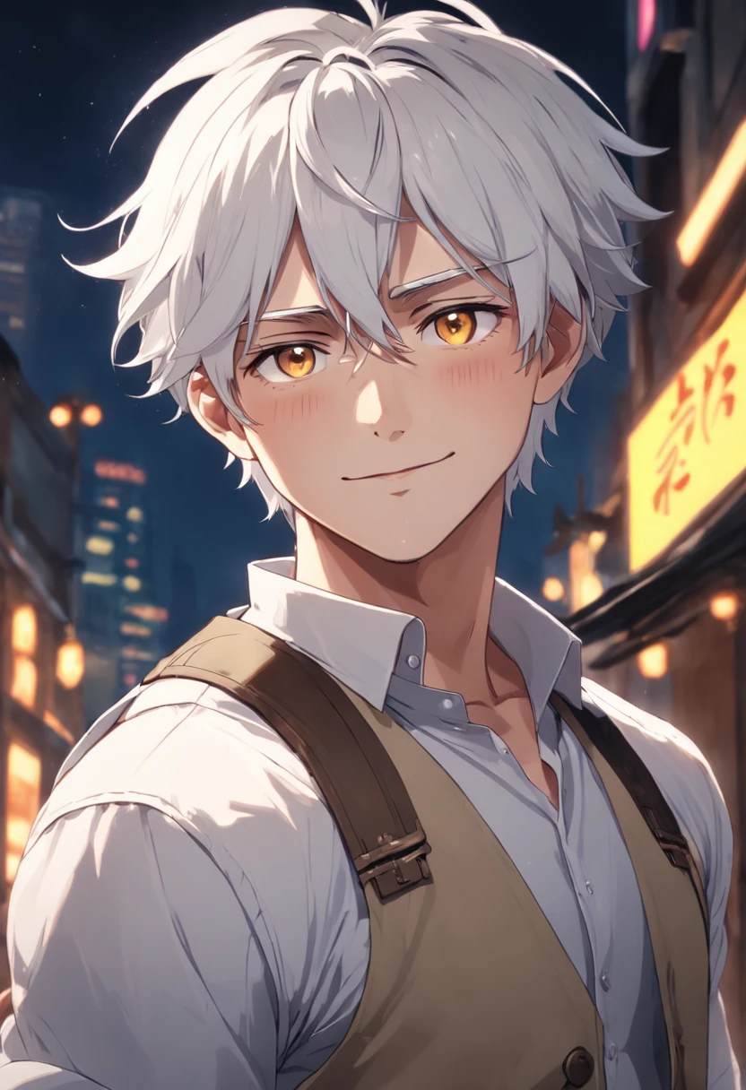 30-year-old young man Tall and strong, Broad shoulders, Strong arms, Strong and slightly fatty, Wearing a white shirt and khaki vest, adventurer clothing, Amiable, Smiling, whaite hair, Short hair, whaite hair, Silver hair, Asymmetrical hair, Short hair, Messy hair, hair splayed out, eyeball, Yellow eyes, Smile, parted lip, Bright pupils, Cinematic lighting, High detail, anime big breast, Chiaroscuro, character sheets, first person perspective, Wide shot, in a panoramic view, hyper HD, ccurate, High resolution, maturity, fortitude