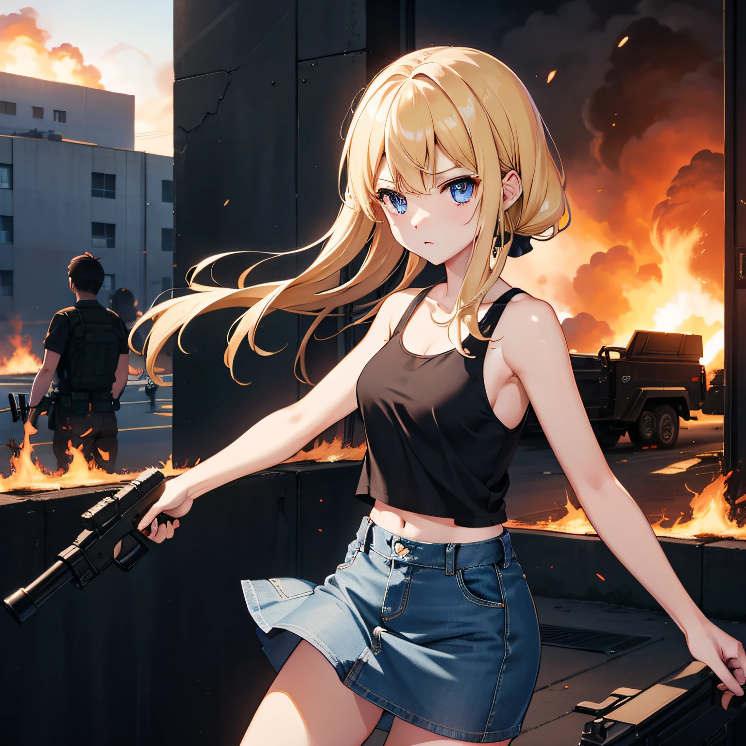 巨作, Top image quality, A high resolution, Beautiful blonde girl、女の子1人、Whole human body、Blue eyes、deadpan、Black Tank Top、Black spats、semi long hair、is standing、showing butt、Shot a bazooka、by night、Naval port blown up in flames、Building in flames、Ship blasted into flames