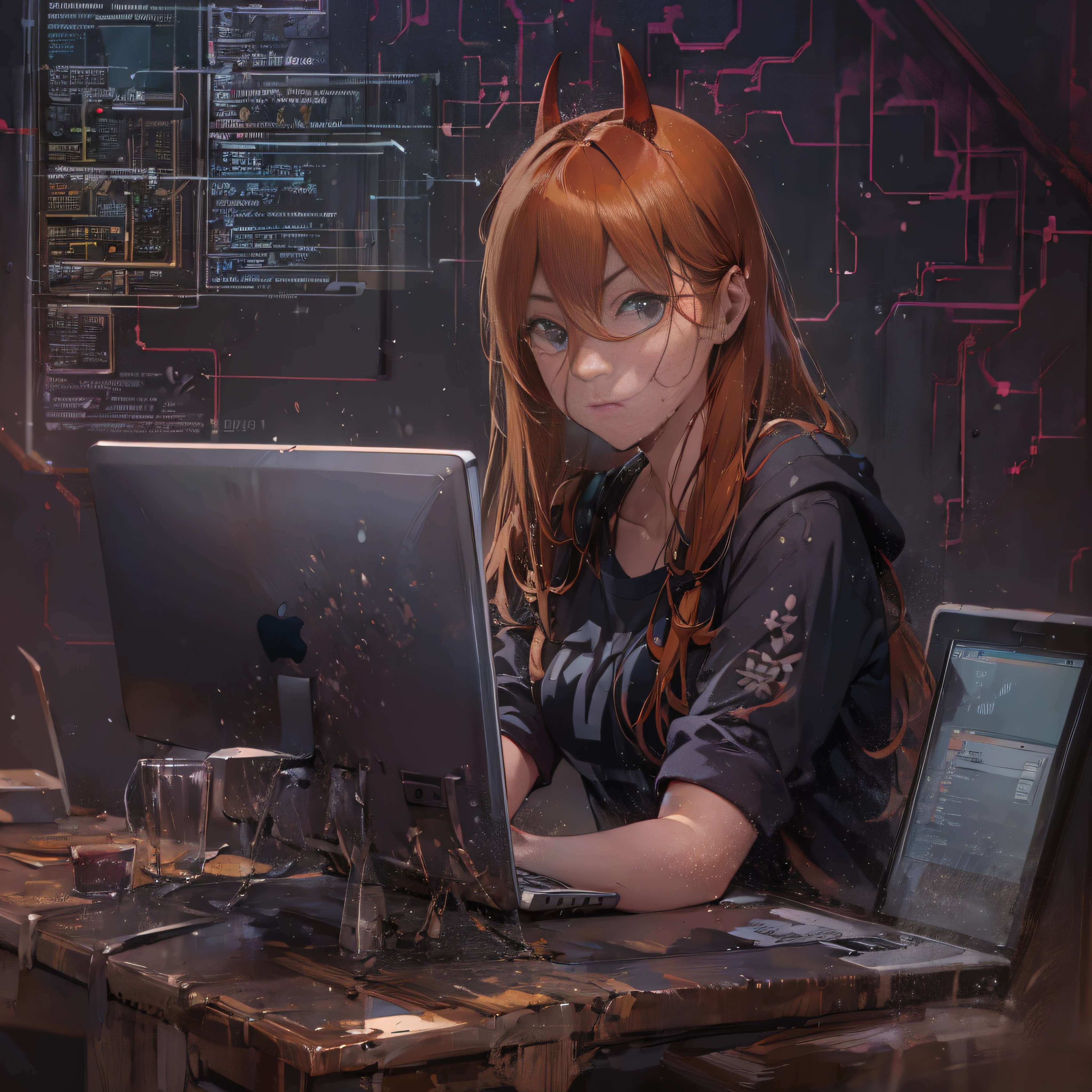 a hacker talking about cybersecurity: red hair with bangs without burrow, black shirt, black panties, wet, ervers, cyber, laptop.