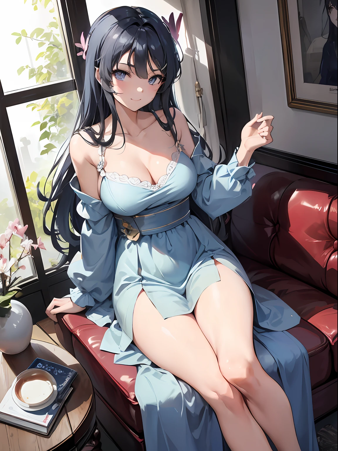 Mai sakurajima, hair flower, blue dress, grey eyes, light blue hair,large breasts, sexy,nsfw,
, 1 girl,seductive smile,(1 girl in the photo:1.5),(alone:1.5),(long black hair:1.1), beautiful purple eyes, (european style long dress:1.1), long sleeves,white legwear,white high heels
, potted planet,flowers, window,door,butterfly,tree,table,chair,sofa,book,tea, coffee,jar,
, dappled sunlight,ray tracing,dynamic angle, dynamic pose, chubby athletic body