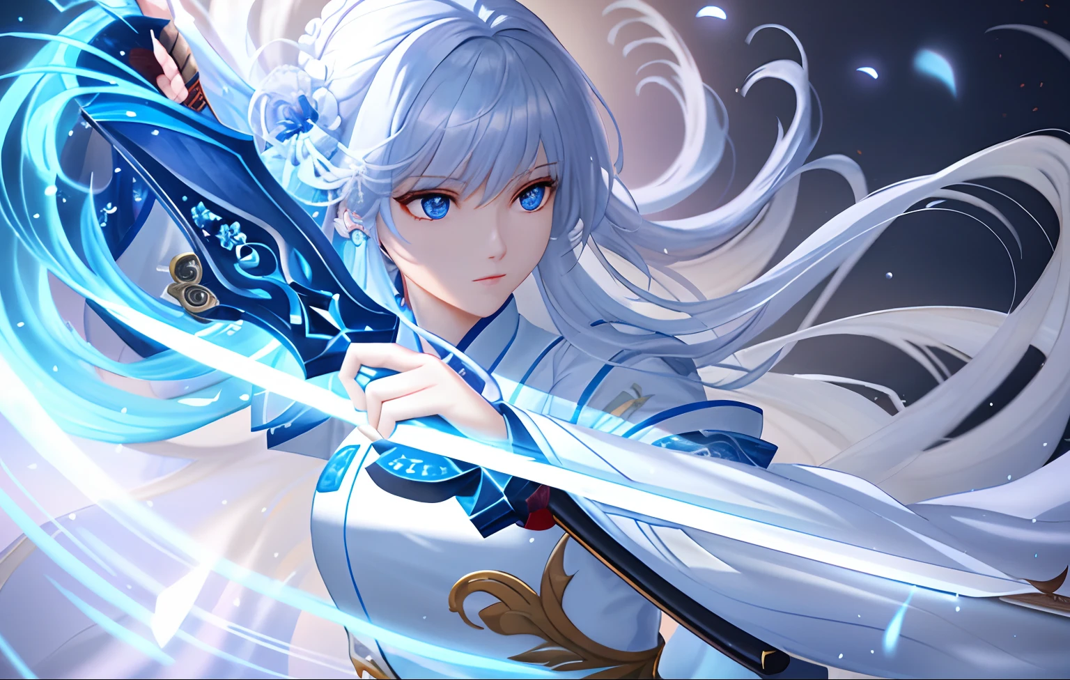 a close up of a woman with a sword in a white dress, a character portrait by Yang J, trending on cgsociety, fantasy art, beautiful character painting, artwork in the style of guweiz, guweiz, white hanfu, flowing white robes, full body wuxia, epic exquisite character art, stunning character art, beautiful female assassin