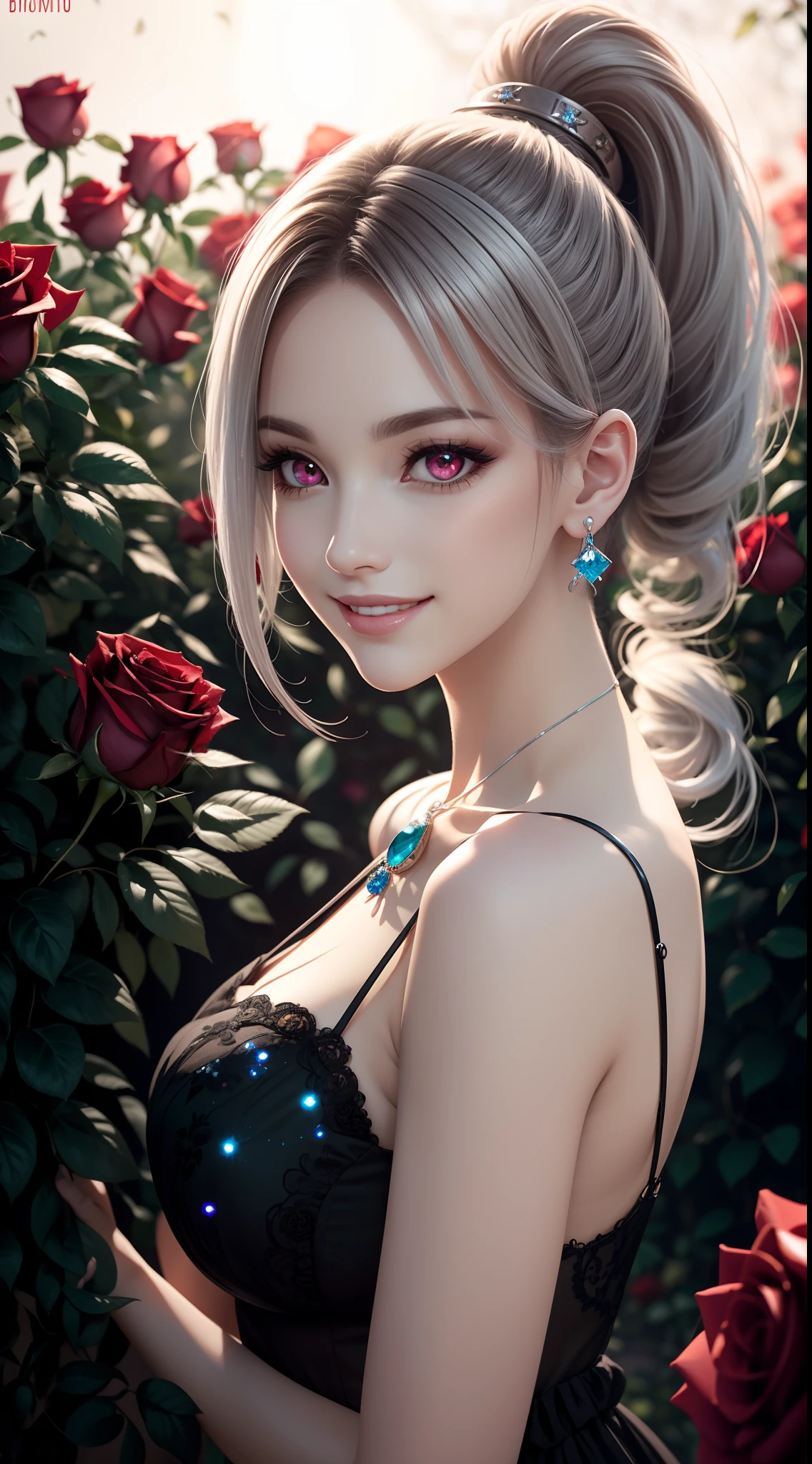 Garden covered with red roses in the background, Silver hair, front ponytail, eyes reflection, red contact lenses, Pink eyes, Fox earrings, Blue crystal pendant，Evil smile, High detail, romanticism lain, Depth of field, Sparkle, Ray tracing, viewfinder, zoom layer, Close-up, Bokeh, Anatomically correct, High details, 1080p, hyper HD