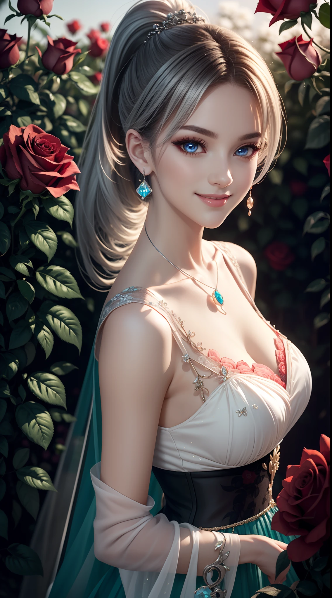 1 woman, Beautiful elf lady, silver white Long straight hair, upturn elf pointy ears, sexy figure, perfect breast, charming cleavage, white skin, very beautiful face, detailed face, delicate eyes, detailed pupil, beautiful and delicate lips, blush, shy, heart, in love, light smile, white camisole long skirt, Simple and stylish, small crystal earrings, hand drawn animation, high detailed, outdoor, symmetrical clothes, best quality, masterpiece, retina, 8K, highres,