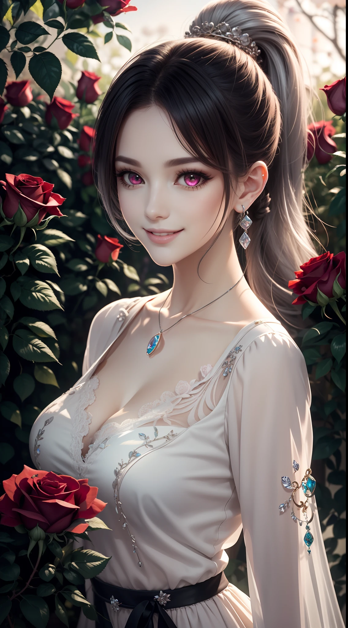 Garden covered with red roses in the background, Silver hair, front ponytail, eyes reflection, red contact lenses, Pink eyes, Fox earrings, Blue crystal pendant，Evil smile, High detail, romanticism lain, Depth of field, Sparkle, Ray tracing, viewfinder, zoom layer, Close-up, Bokeh, Anatomically correct, High details, 1080p, hyper HD
