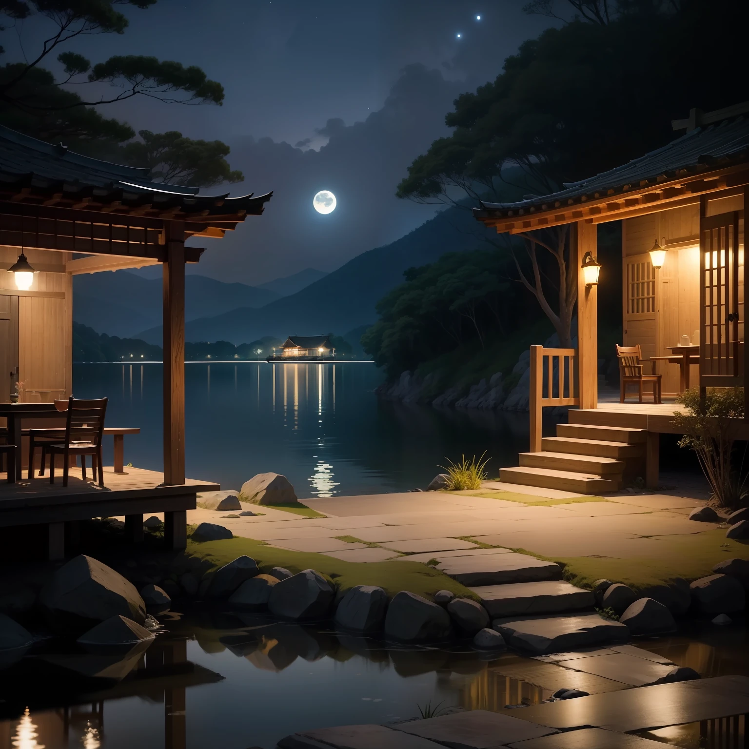 Under the moonlight as clear as water，lugar tranquilo com casas simples, hush. The old man sat on the stone steps in front of the door。Listen to the cicadas chirping in your ears，Looking at the slight ripples in the lake