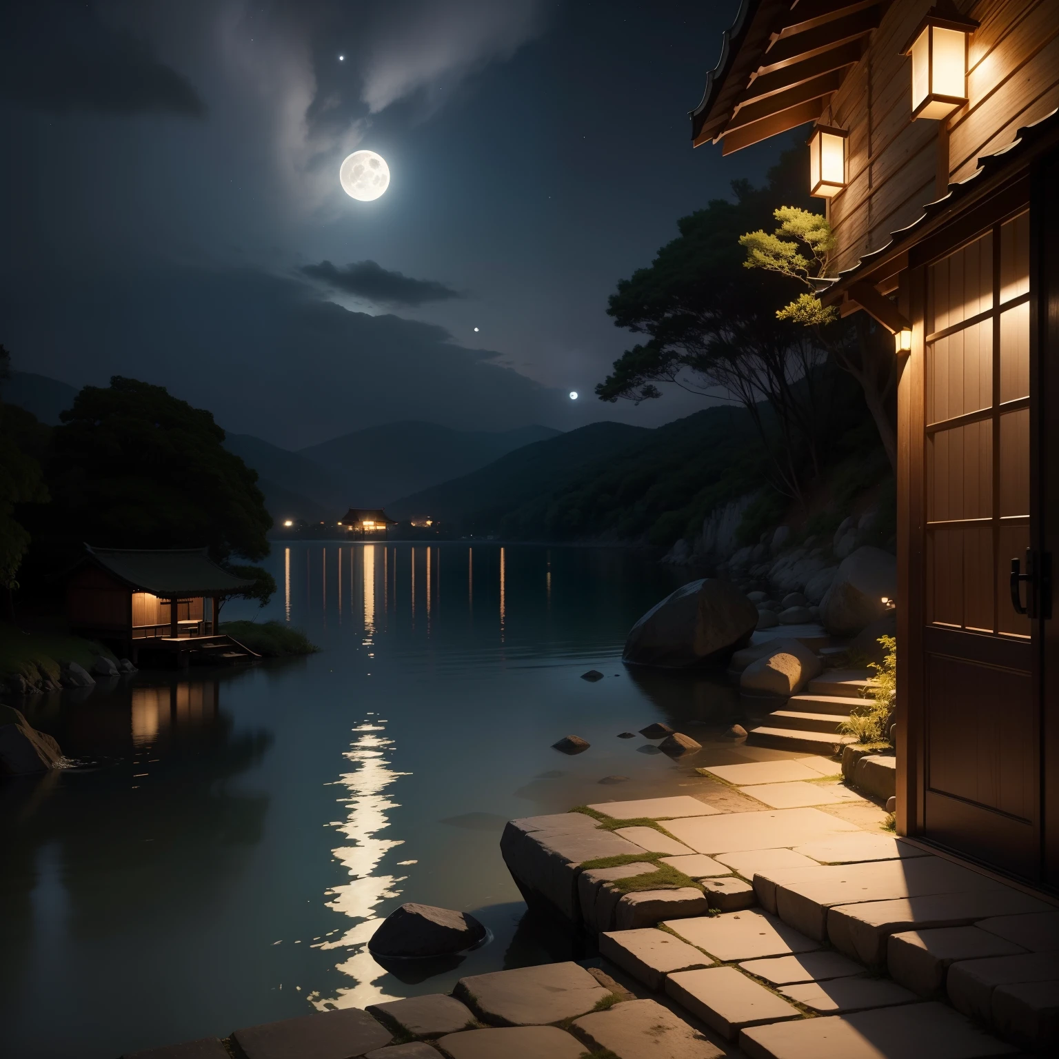 Under the moonlight as clear as water，lugar tranquilo com casas simples, hush. The old man sat on the stone steps in front of the door。Listen to the cicadas chirping in your ears，Looking at the slight ripples in the lake