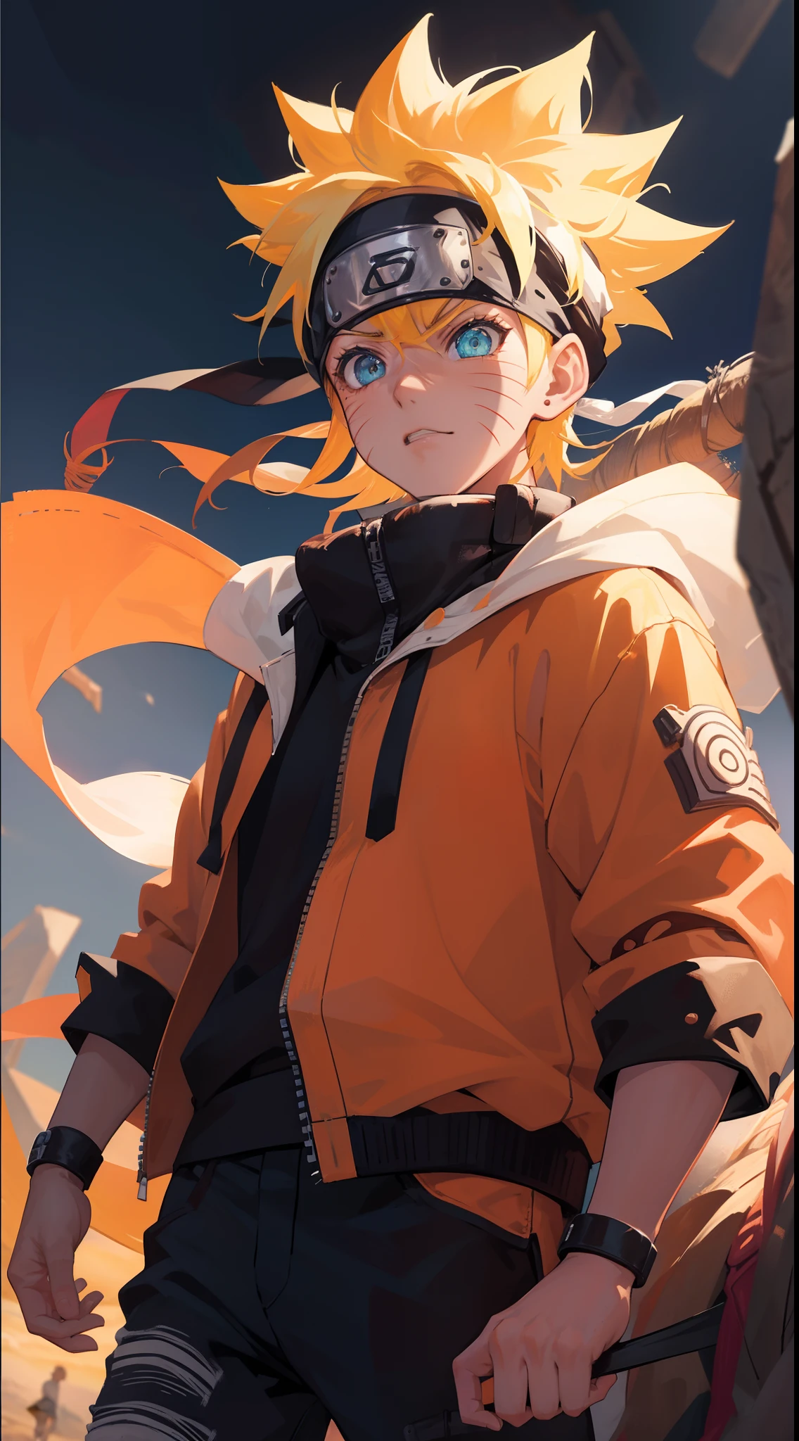 retrato, neon light, 1 menino, estilo shonen, cabelos loiros espetados, Scratches on the cheeks, roupas pretas e vermelhas, leather jacket, jeans, Botas, bandana, Fresco, olhos azuis, corpo inteiro, color --name Naruto Uzumaki --desert background with pyramids and camels