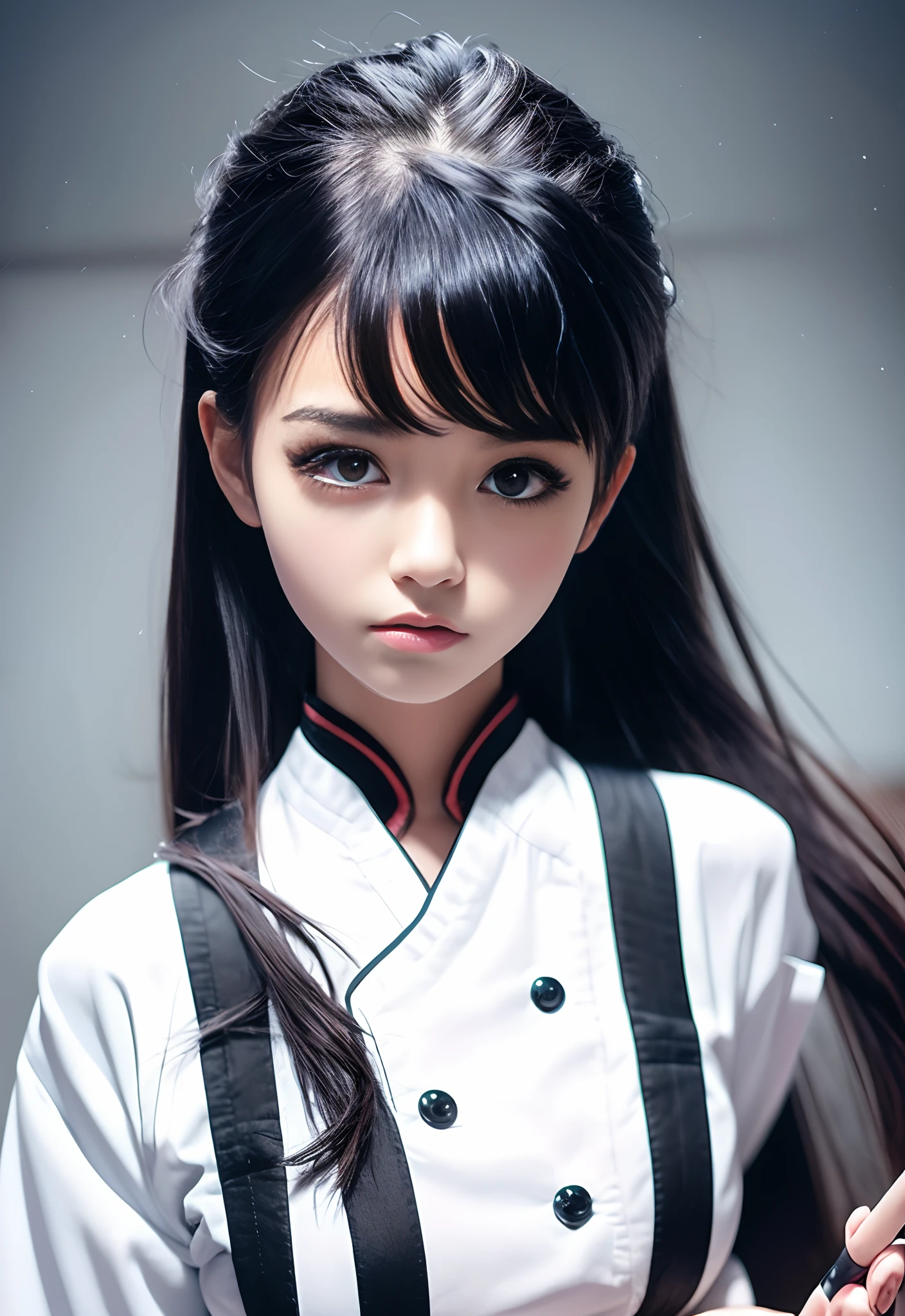 Black hair is long and straight,The eyes are big,But dull。High martial arts,Loved to take a kitchen knife,Very silly girl