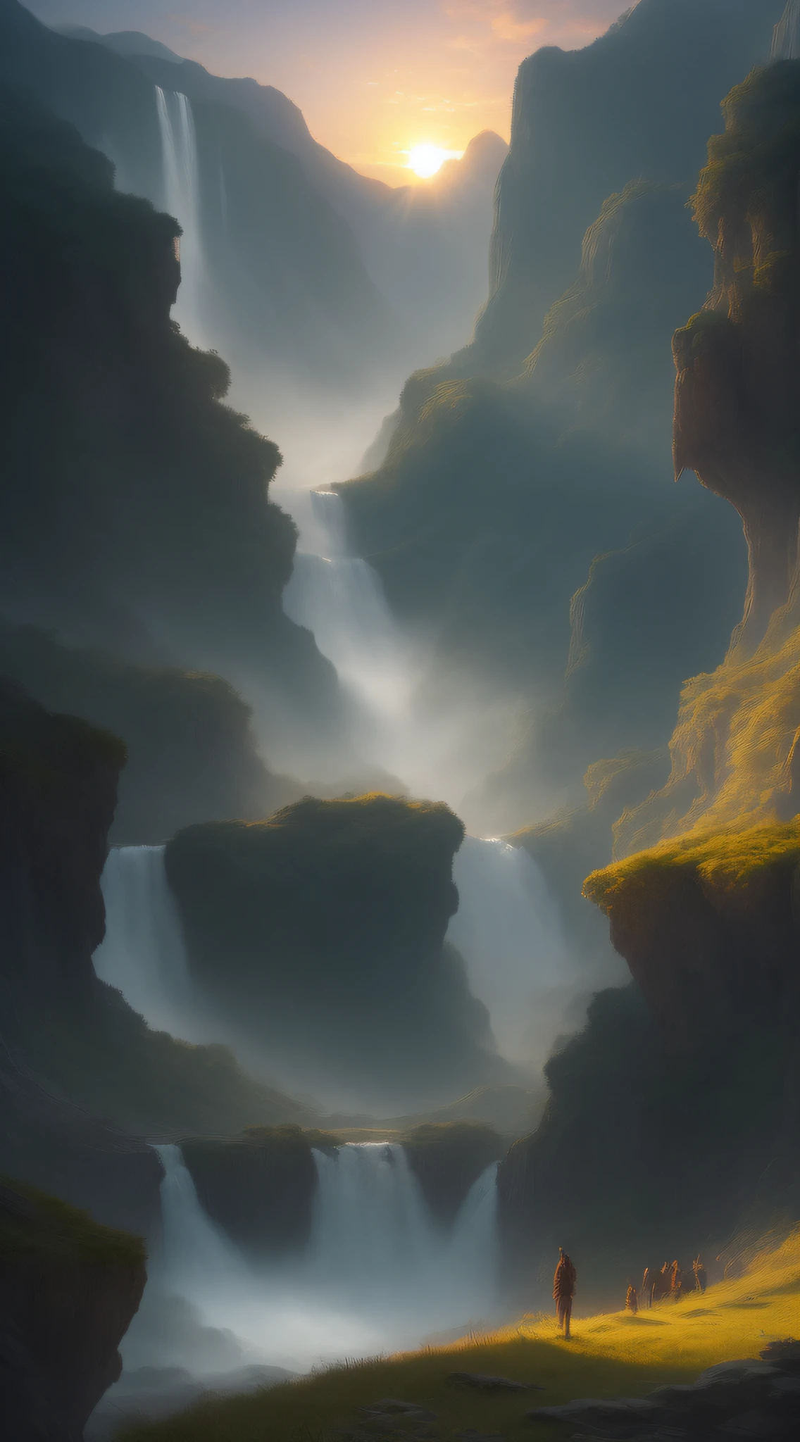 waterfall with sunrise view in a valley, greg rutkowski, cinematic, high fantasy, detailed, dramatic lighting, volumetric lighting, trending on artstation, artstationHD, artstationHQ, unreal engine, 8k