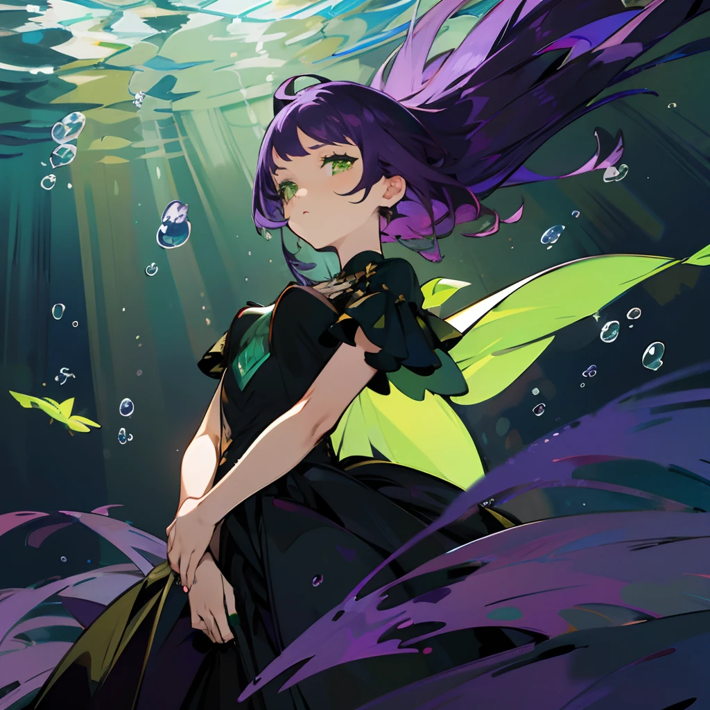 ((Beautuful Women),(Green eyes),(Purple hair)), Expressionless underwater, Black dress, Light shining