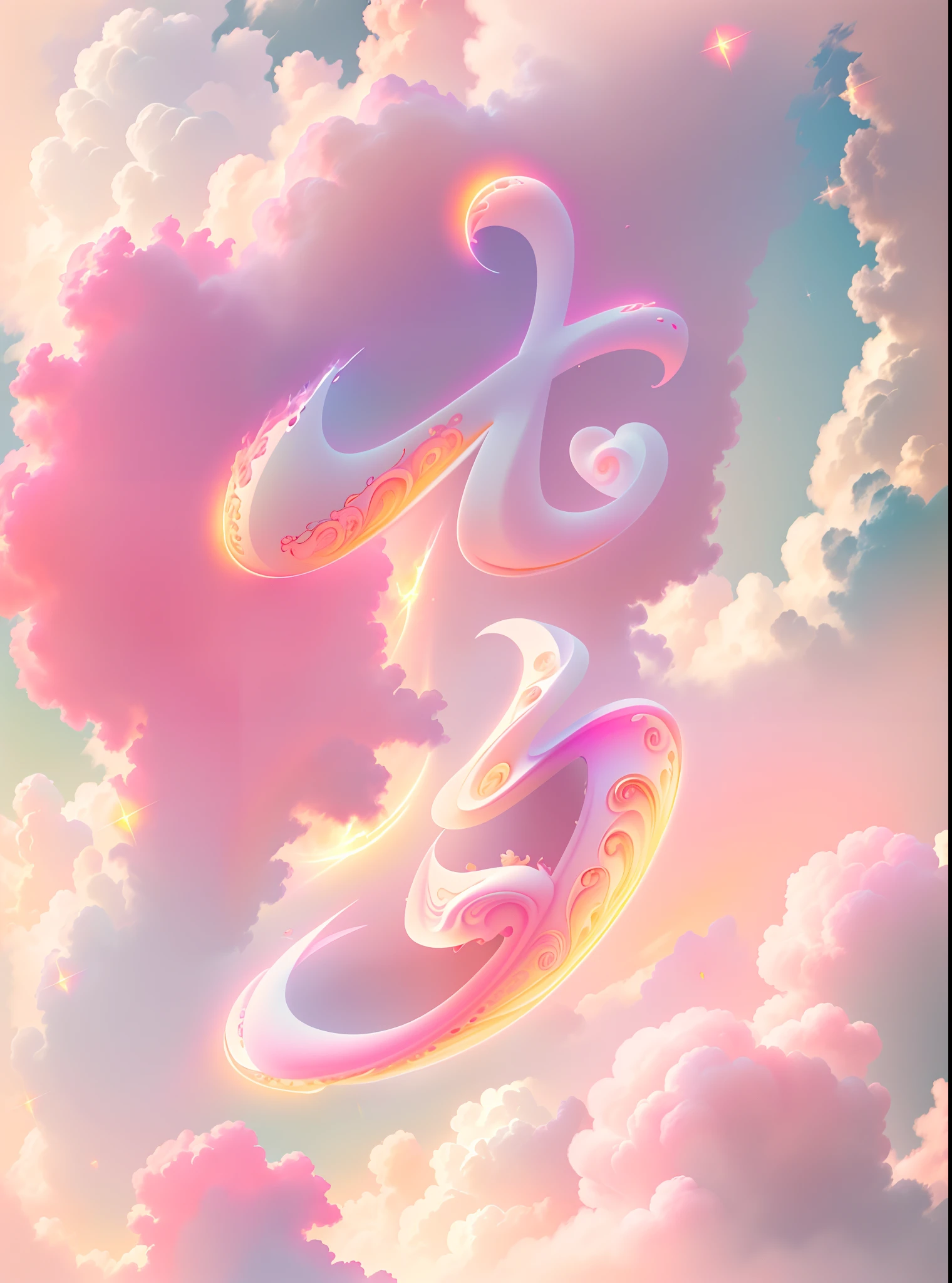 Type art，closeup cleavage，(Pink clouds:1.1)，(Pink soot:1.1)，(IvoryGoldAI )，hisui，Milk jelly，fluorescent transparent，The rainbow shines，Diamond gloss，(Pale color background:1.5)，Bokeh，depth of fields，gradient sky，Fluttering pink petals
