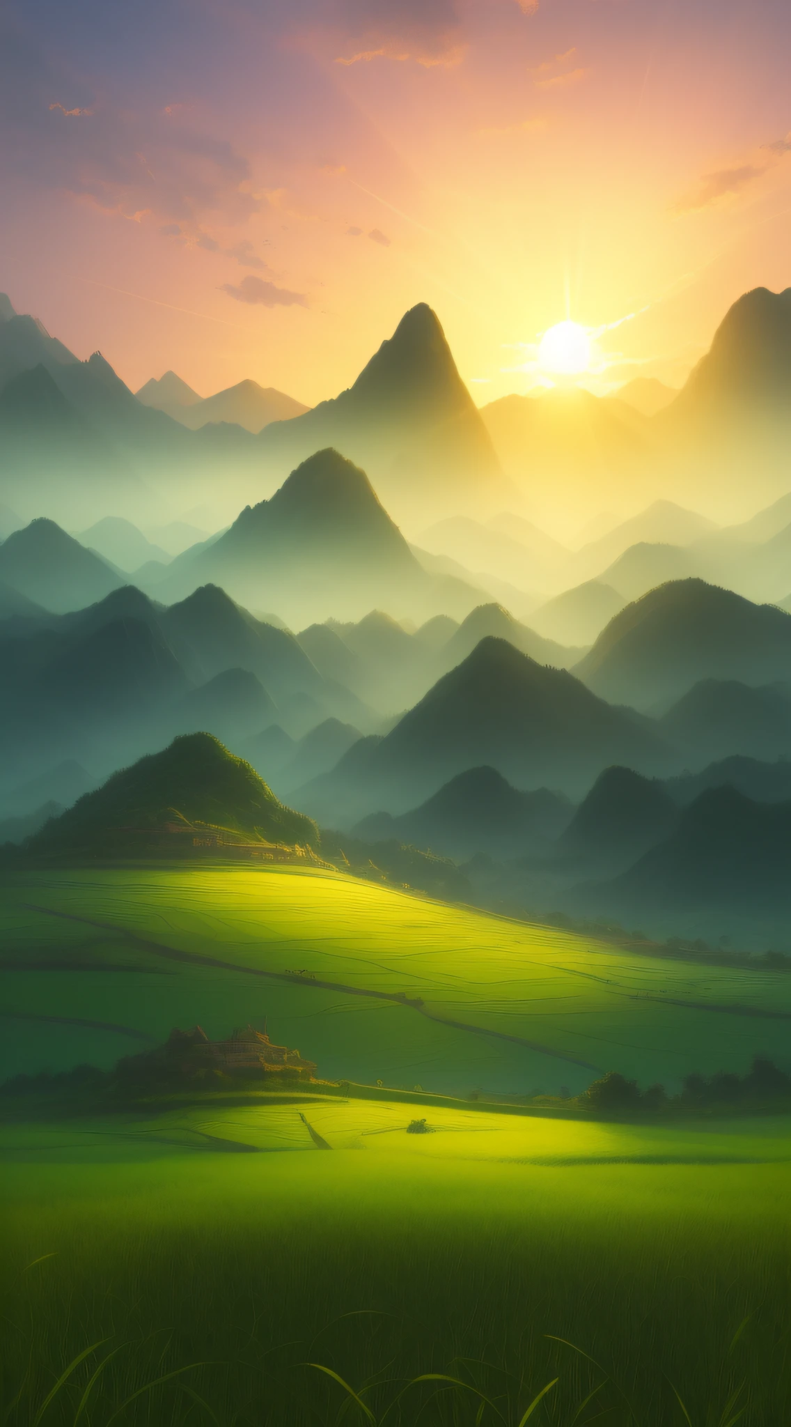 green rice field with mountain background, sunset, large mountains in back, concept art, low angle, high detail, warm lighting, volumetric, godrays, vivid, beautiful, trending on artstation, by Jordan grimmer, huge scene, grass, art greg rutkowski