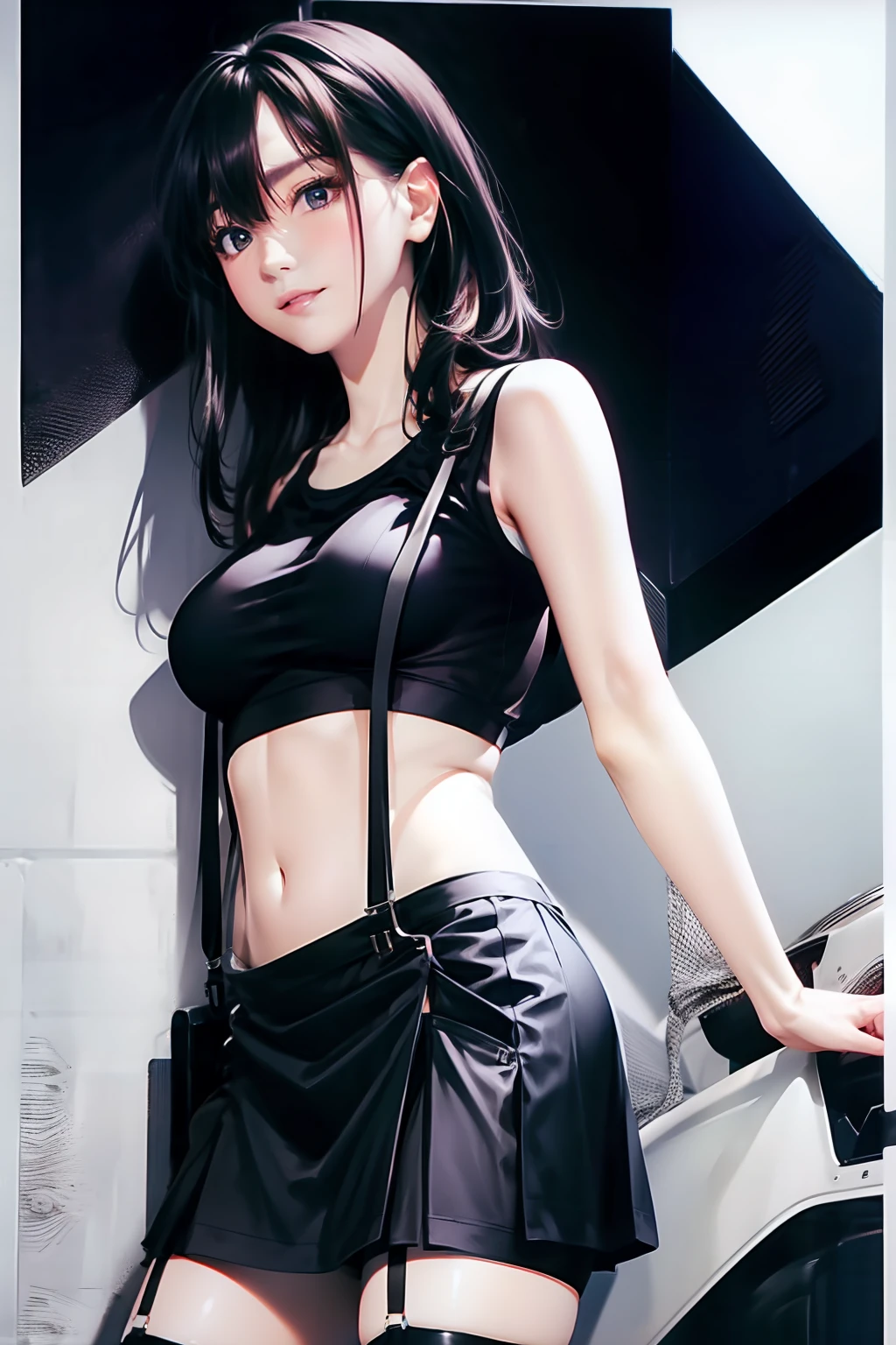 a black skirt, , Tank tops suspenders, Long Black Hair, Gray eyes, holster, Garter belt on the legs, , Moderate breasts and tight clothes, both sides Behind no-bra