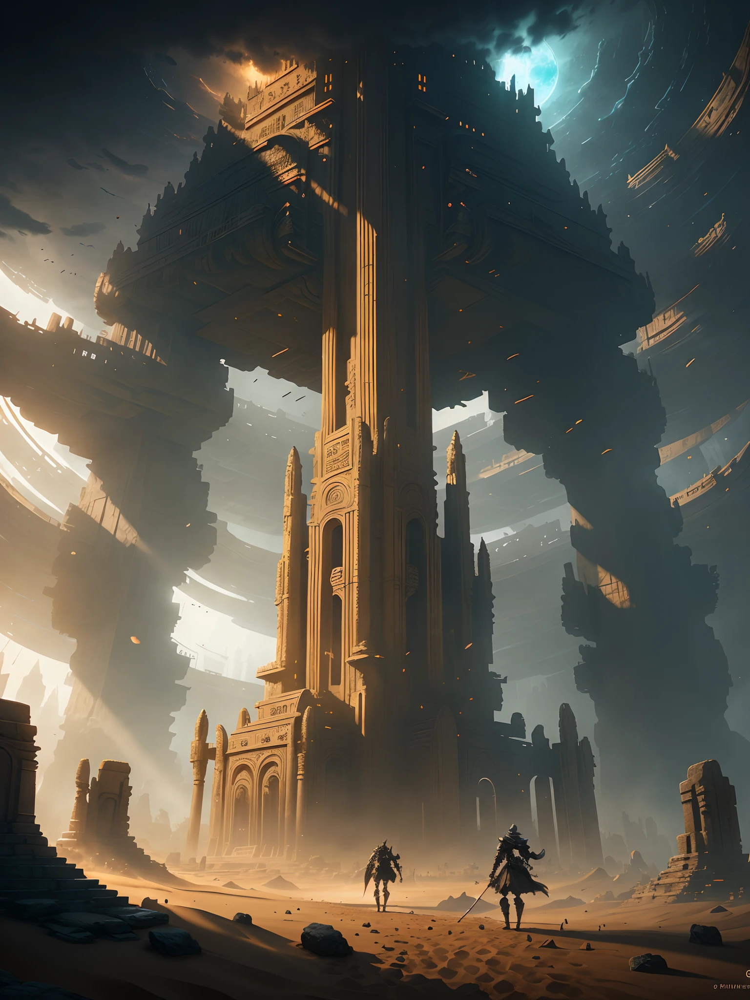 The back of a woman in a trench coat,The end of the world, ((super wide shot)), Dramatic lighting, (8K resolution), 8K, 8kres, Huge palace, tmasterpiece, Best quality at best, Huge ruins, planetes, A plant,The back of a person,inspired by Paul Lehr, From Game Pathology 2, paul lehr and beeple, screenshot from nier automata, detailed atmospheric and gritty, dan mcpharlin, scientific fiction《lower bound》Represents the destruction of an apocalyptic scenario、废墟、Disasters and other factors,The system is coming:mistic、ray of lights、runic, etc. Demonstrate the presence and functionality of the system。,Stephen Bliss, illusory engine, Fantasy art by Greg Rutkovsky, loish, RHADS, Ferdinand Naboo, Ilya Kuvshinov, rossdraws, tom bagshaw, Global illumination, Brilliant soft light, detailed and complex environment,egyption,A desert,statues,Theogony,occultism,mistic,repression,Dark,sandstorms,Mysterious sculpture,Human civilization,The embodiment of ancient civilizations,Mysterious civilization,Ancient ruins,废墟,sandstorms,Ancient architecture,