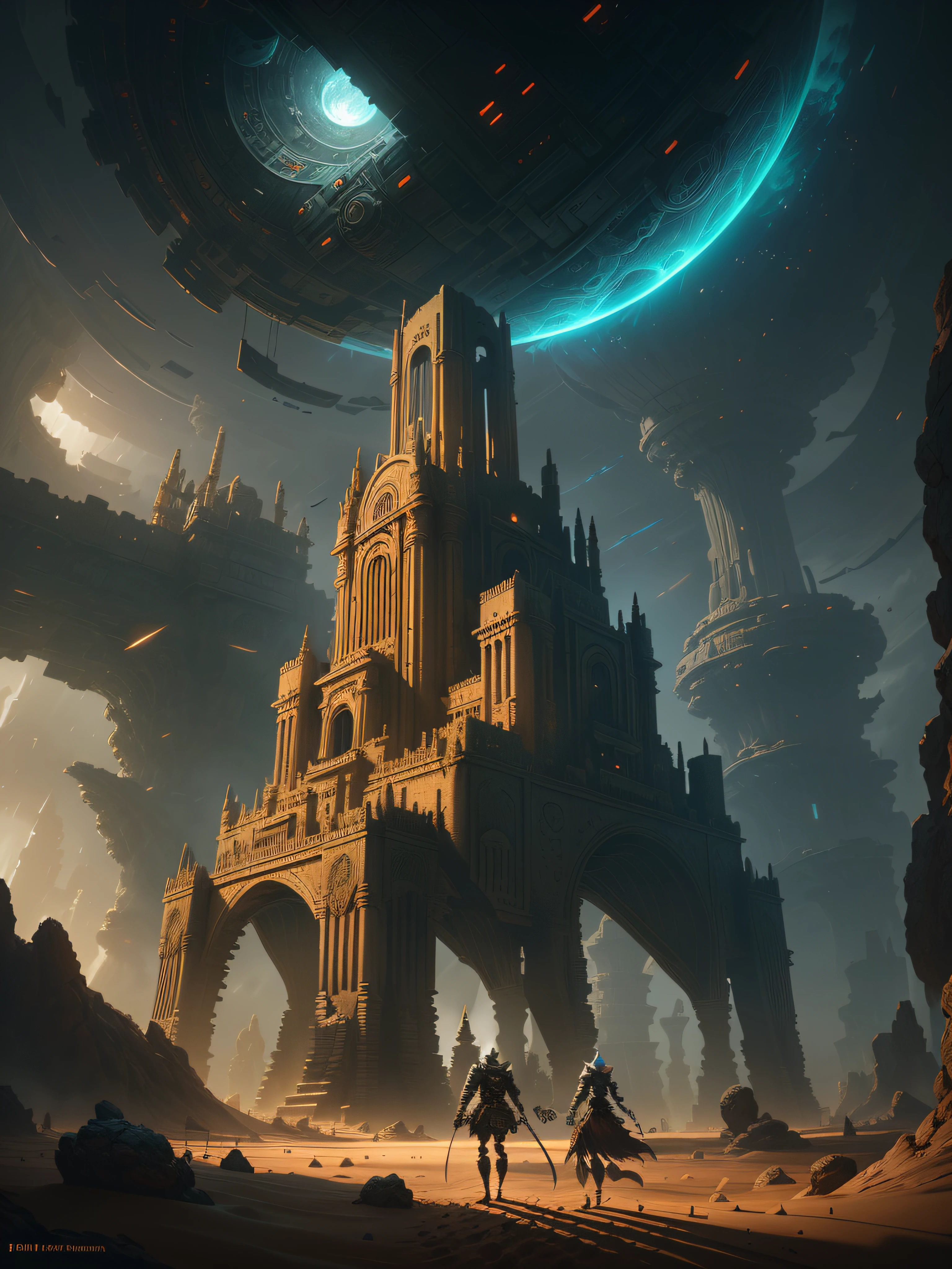 The back of a woman in a trench coat,The end of the world, ((super wide shot)), Dramatic lighting, (8K resolution), 8K, 8kres, Huge palace, tmasterpiece, Best quality at best, Huge ruins, planetes, A plant,The back of a person,inspired by Paul Lehr, From Game Pathology 2, paul lehr and beeple, screenshot from nier automata, detailed atmospheric and gritty, dan mcpharlin, scientific fiction《lower bound》Represents the destruction of an apocalyptic scenario、废墟、Disasters and other factors,The system is coming:mistic、ray of lights、runic, etc. Demonstrate the presence and functionality of the system。,Stephen Bliss, illusory engine, Fantasy art by Greg Rutkovsky, loish, RHADS, Ferdinand Naboo, Ilya Kuvshinov, rossdraws, tom bagshaw, Global illumination, Brilliant soft light, detailed and complex environment,egyption,A desert,statues,Theogony,occultism,mistic,repression,Dark,sandstorms,Mysterious sculpture,Human civilization,The embodiment of ancient civilizations,Mysterious civilization,Ancient ruins,废墟,sandstorms,Ancient architecture,