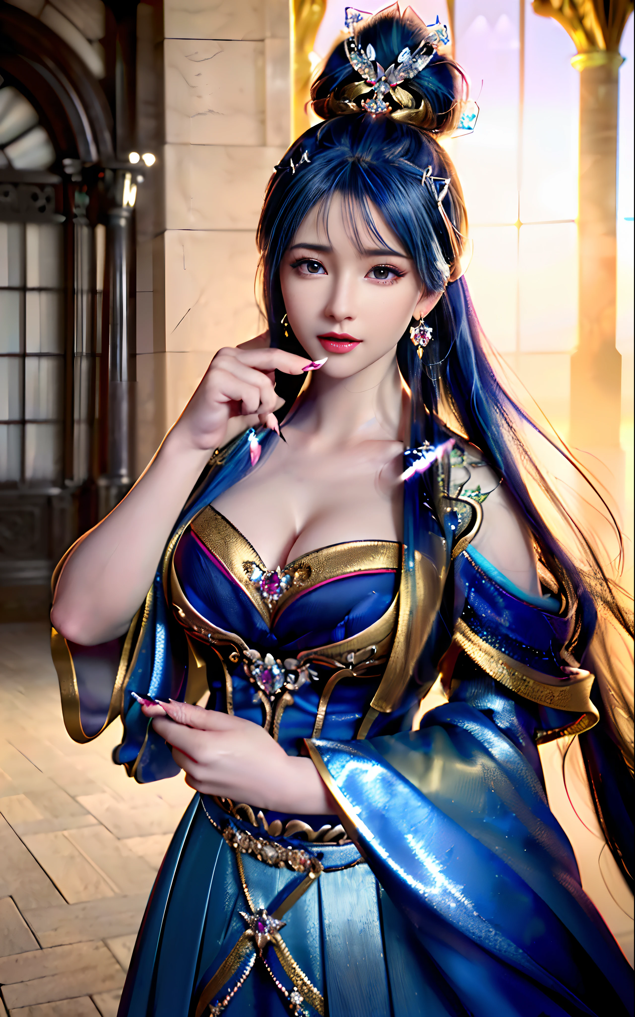 ((realisticity: 1.2)), ((realistic: 8K UHD)), ((best resolution: 8K UHD)), hyper detailed, best quality,masterpiece,highres,cg, ((1 girl hyper detailed and hyper realistic) ) , ((beautiful queen, hyper realistic and hyper detailed)),((white skin, beautiful, smooth, youthful, hyper realistic and hyper detailed )), ((Face hyper beautiful, white, hyper realistic and hyper detailed ) ), long hair, ((hyper realistic and hyper detailed dress)), solo, ((hyper realistic, hyper beautiful, beautiful and hyper detailed jewelry)), ((hyper beautiful deep red and golden yellow dress, hyper realistic and hyper detailed )) , ((Her pretty, hyper realistic, hyper detailed diamond filled earrings)), ((Her gorgeous diamond haircut, hyper realistic and hyper detailed)), ((hyper pretty upper body, hyper beautiful, hyper realistic and hyper detailed) ), ((medium breast: 1.1)), ((hyper realistic, hyper pretty, hyper detailed boobs)), ((the backgroun of the royal palace is hyper majestic, hyper realistic and hyper detailed)),((hands and palms hyper beautiful, hyper detailed, hyper realistic)), ((hyper detailed and hyper realistic fingers and fingernails)), ((hyper pretty fingernails, hyper vivid, hyper detailed, hyper realistic)), ((thumb, index finger, middle finger, ring finger, little finger hyper vivid, hyper pretty, hyper detailed, hyper realistic)),
((hyper beautiful fingers, hyper detailed, and hyper realistic)), ((posture not too fat and not too thin, hyper realistic, hyper detail)), ((hyper pretty, hyper pretty, hyper realistic and hyper detailed hair bun)), ((hyper pretty , hyper realistic and hyper detailed blue hair)), candid, Photo, high resolution, 8k , bokeh,