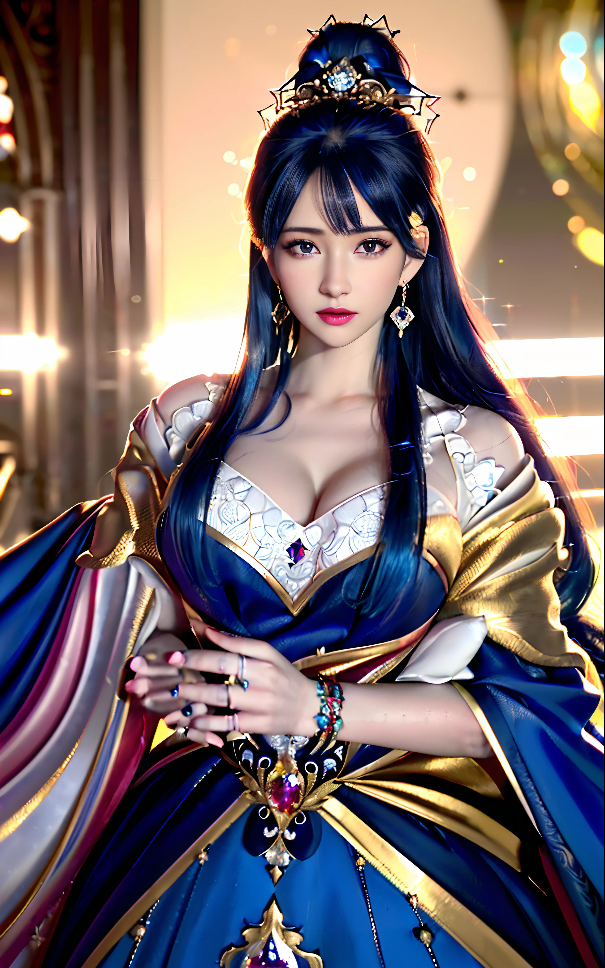 ((realisticity: 1.2)), ((realistic: 8K UHD)), ((best resolution: 8K UHD)), hyper detailed, best quality,masterpiece,highres,cg, ((1 girl hyper detailed and hyper realistic) ) , ((beautiful queen, hyper realistic and hyper detailed)),((white skin, beautiful, smooth, youthful, hyper realistic and hyper detailed )), ((Face hyper beautiful, white, hyper realistic and hyper detailed ) ), long hair, ((hyper realistic and hyper detailed dress)), solo, ((hyper realistic, hyper beautiful, beautiful and hyper detailed jewelry)), ((hyper beautiful deep red and golden yellow dress, hyper realistic and hyper detailed )) , ((Her pretty, hyper realistic, hyper detailed diamond filled earrings)), ((Her gorgeous diamond haircut, hyper realistic and hyper detailed)), ((hyper pretty upper body, hyper beautiful, hyper realistic and hyper detailed) ), ((medium breast: 1.1)), ((hyper realistic, hyper pretty, hyper detailed boobs)), ((the backgroun of the royal palace is hyper majestic, hyper realistic and hyper detailed)),((hands and palms hyper beautiful, hyper detailed, hyper realistic)), ((hyper detailed and hyper realistic fingers and fingernails)), ((hyper pretty fingernails, hyper vivid, hyper detailed, hyper realistic)), ((thumb, index finger, middle finger, ring finger, little finger hyper vivid, hyper pretty, hyper detailed, hyper realistic)),
((hyper beautiful fingers, hyper detailed, and hyper realistic)), ((posture not too fat and not too thin, hyper realistic, hyper detail)), ((hyper pretty, hyper pretty, hyper realistic and hyper detailed hair bun)), ((hyper pretty , hyper realistic and hyper detailed blue hair)), candid, Photo, high resolution, 8k , bokeh,