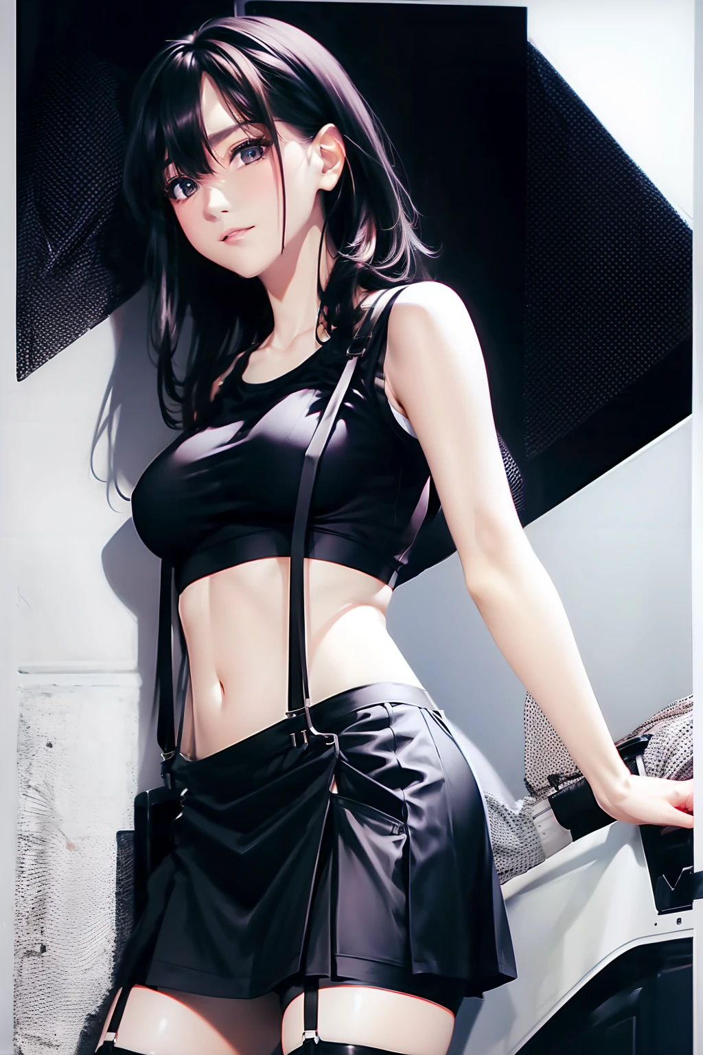 a black skirt, , Tank tops suspenders, Long Black Hair, Gray eyes, holster, Garter belt on the legs, , Moderate breasts and tight clothes, both sides Behind no-bra