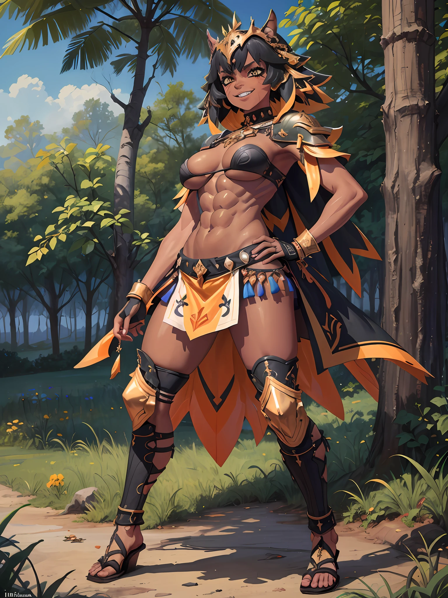 (Masterpiece, best quality:1.2), (highres, ultra-detailed), (absurdres, perfect ???????), 1girl, solo, , anihh, slit pupils, dark-skinned female, black hair, orange colored inner hair, scar, fangs,  hands on hips, outdoors,   fingerless gloves, muscular, (covered (navel:0.5)) , full body flipflops,(icone de um jogo), (icone de peitoral : 1.5), um peitoral , peitoral marrom, chest plate, peitoral pesada marrom, peitoral grosso, peitoral de Armadura intrincada, peitoral de armadura de fantasia pesada, peitoral detalhado, armadura ornamentada, peitoral de Armadura Paladina, peitoral dearmadura de batalha, intrincada peitoral, smile, full body, tribal clothing