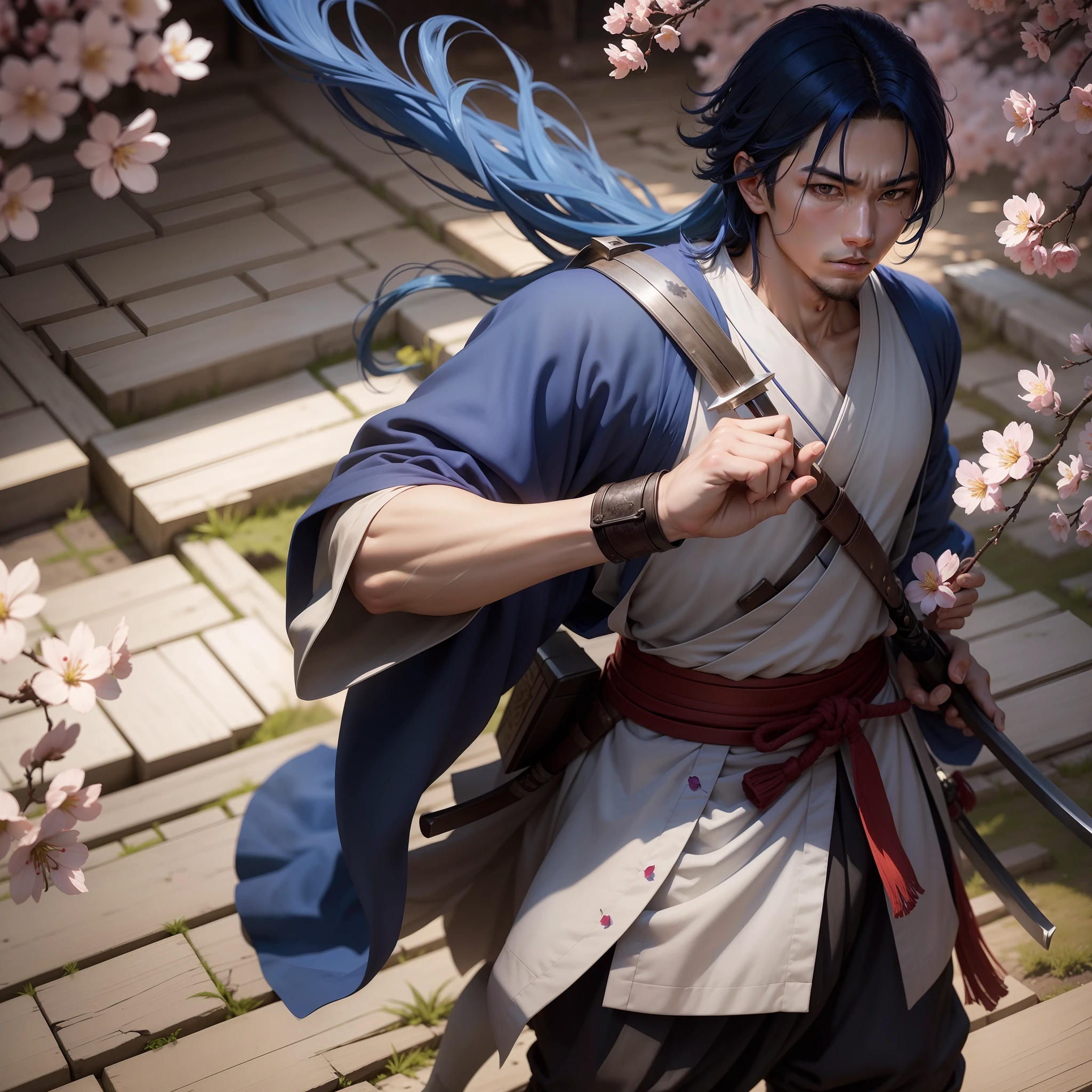 The blue-haired young man depicted in the Rurouni Kenshin-style painting、Standing among the petals of cherry blossoms fluttering in the wind while holding a sword。His keen gaze shows his determination to fight the struggles of the past.、The face of the young man has a complex passion。Even though he hides the scars of his former battles,、His swordsmanship skills are top-notch.、a person々Known as a lone swordsman who fights to protect。