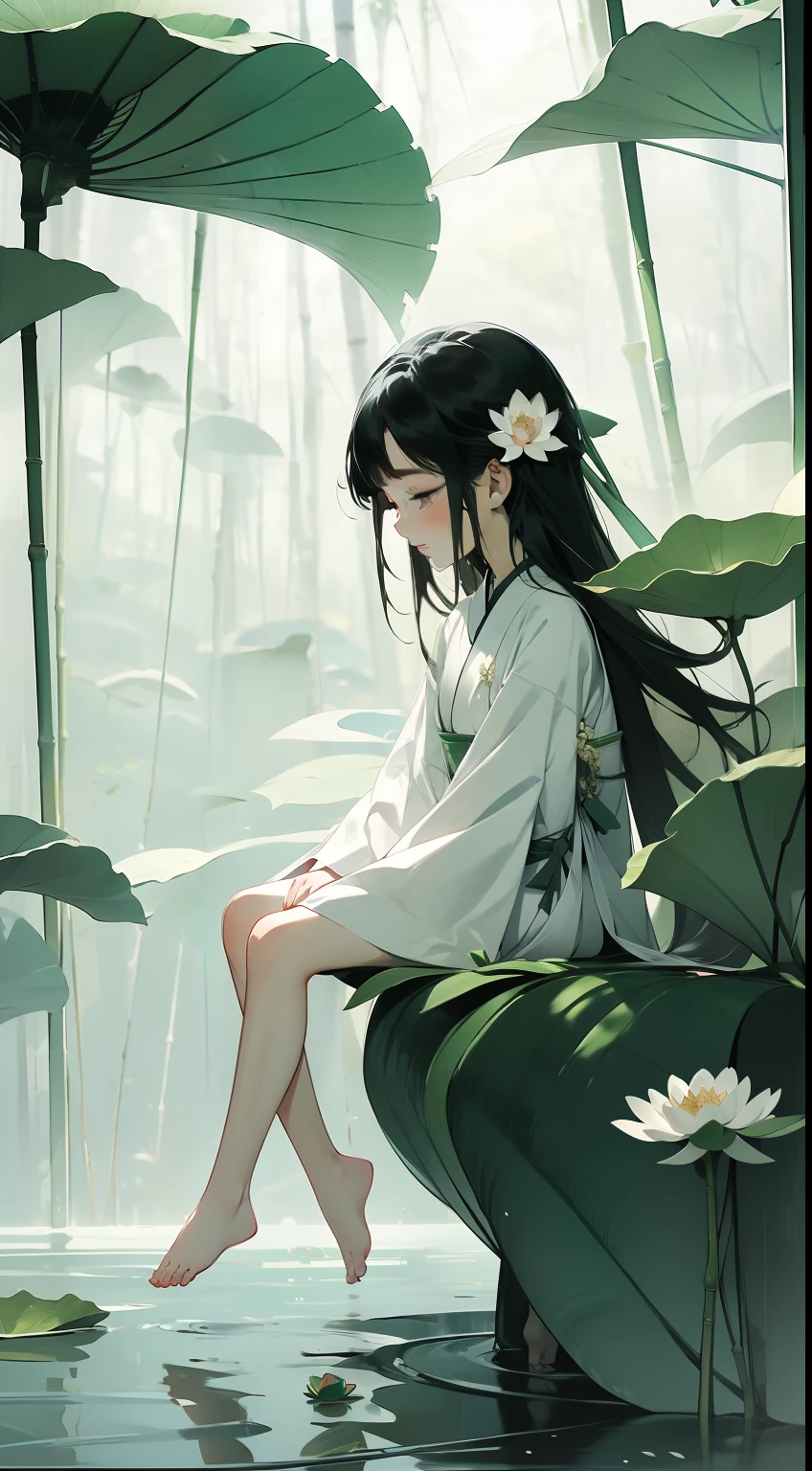 A pod full of lotus flowers, a little girl happily sitting on the lotus leaves of the pod, huge lotus leaves, barefoot, dressed in white and green hanfu, light and shadow, a masterpiece