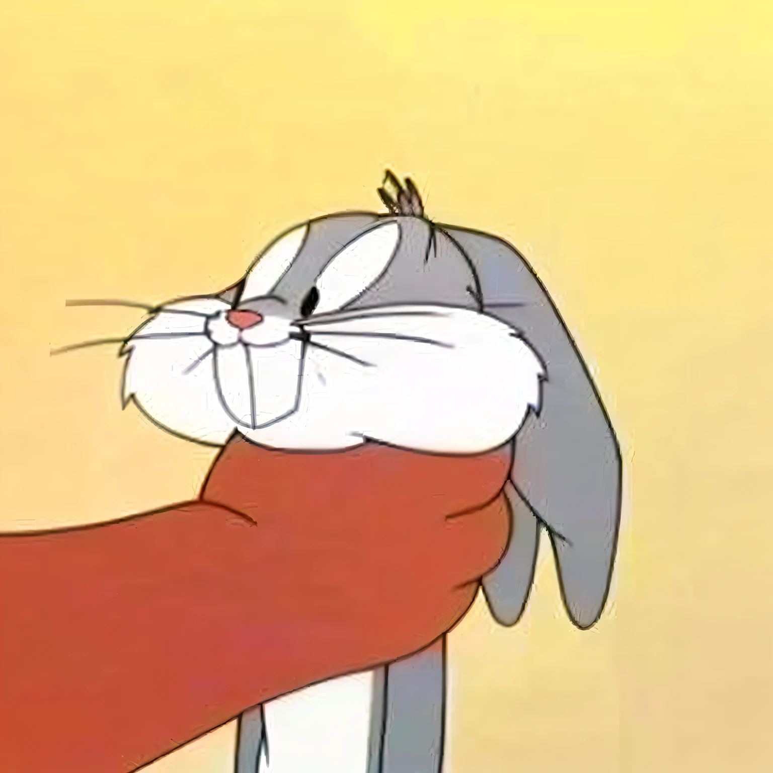 Close-up of a cartoon rabbit holding a person's arm, bugs bunny, fat bugs bunny, evil bugs bunny, portrait of a bugs bunny, happy big chungus, chuck jones, author:Turks Avery , dust kicked up,smokey, big chungus, 1 9 6 9, 1969, Looney tunes, 1966, 1 9 6 6,The best picture quality,Detailed details
