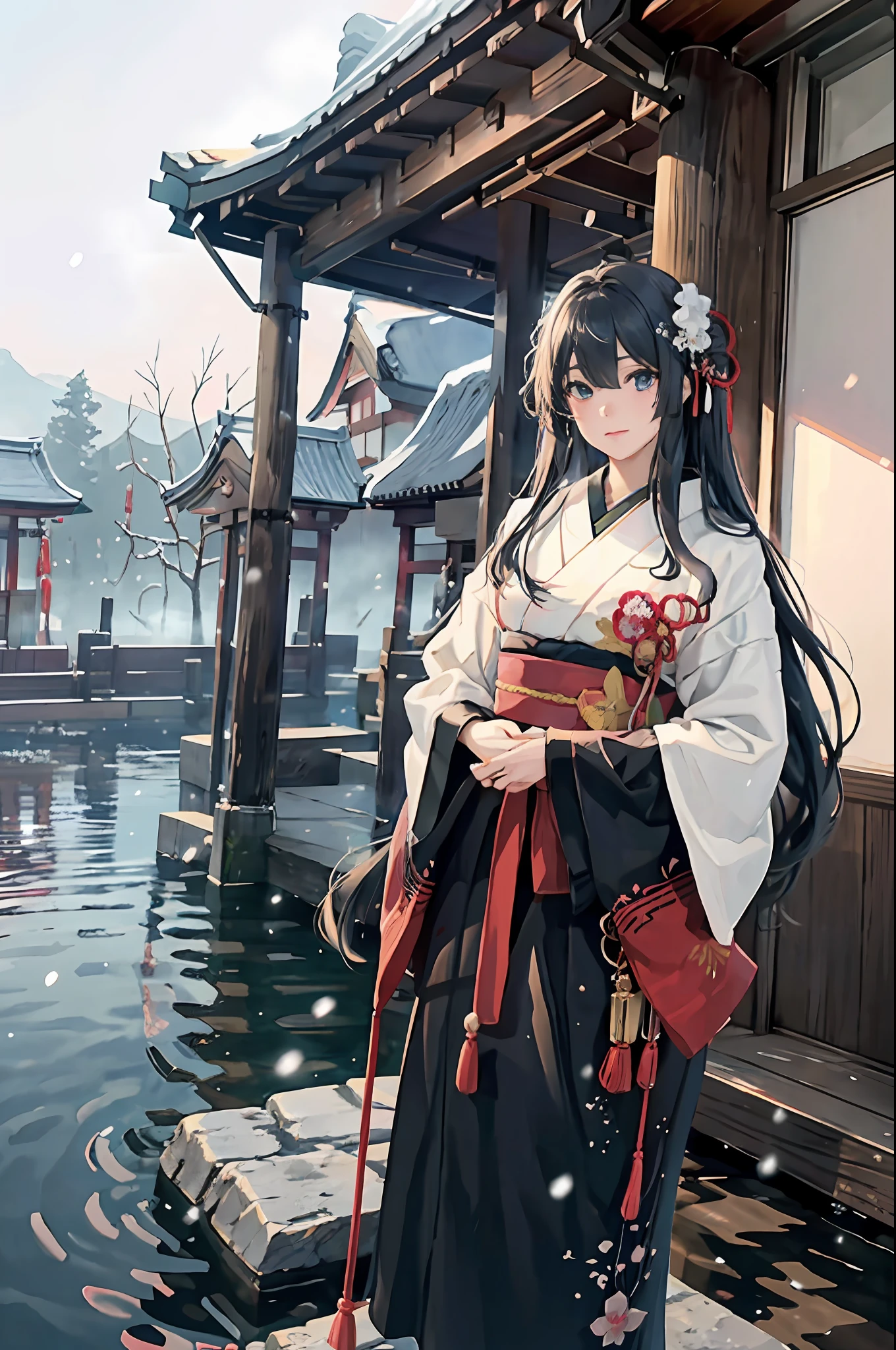 scenery, tree, shrine, outdoors, shimenawa, real world location, rope, east asian architecture, architecture, traditional media, day, building, shide,(Japanese Architecture:1.3), (Cornices:1.3), Japanese Shrines, (Torii:1.2), Wooden Pillars, Unreal Engine, Realistic, Detailed Rendering, Volumetric Lighting, Octane Rendering, Focus, Tyndall Effect, HD, Photography Style, Masterpiece, Perfect Work, Masterpiece, Award-winning work, intricately detailed,(The characters only take up 1/5 of the screen),1girl, japanese clothes, kimono, snow, outdoors, solo, black hair, tree, hair ornament, sash, shrine, floral print, sky, torii, looking at viewer, stone lantern, obi, night, winter, wide sleeves, snowing, architecture, flower, east asian architecture, standing, bangs, long sleeves, black kimono, hair flower, closed mouth, bare tree, stairs, sidelocks, lantern, scenery, long hair, print kimono,best quality, super detailed, masterpiece, illustration, (clear background), (detailed light), lighting, (clear sky), night, stars, starry sky, moonlight, water droplets with clear detail:, ripple: 1.1, ake: 1.1, colorful aurora,Dynamic, floating, luminous, League of Legends original painting, (wide-angle viewing angle: 5, )Highest detail, girl of the gods, Japanese shrine maiden, (walking slowly on the water:1.5), lights emanating from the house, (high contrast),(lam_style, colorful_hair),((masterpiece)), (realistic), (3d face:1.2), (solo:1.2), (original), (very detailed wallpaper), photographic reality, very detailed illustrations, (super intricate details), perfect detail Features, Perfect Detail, (Super Intricate Detail), Panorama,, (Cybernetically Enhanced), (Glowing Eyes), (Snow: 1.2), (Otherworldly: 1.5), (Candlelight: 1.2),, (Wood structure:1.2), (smooth:1.2), (night:1.2), (mystery:1.2), (hover:1.2), (float:1.2), (hover:1.2), (torii:1.2), ( Surreal: 1.2), (Fantasy: 1.2), (Radiation: 1.2), (Sparkle: 1.2), (Blink: 1.2), (Glow: 1.2), (Glow Pattern: 1.2),