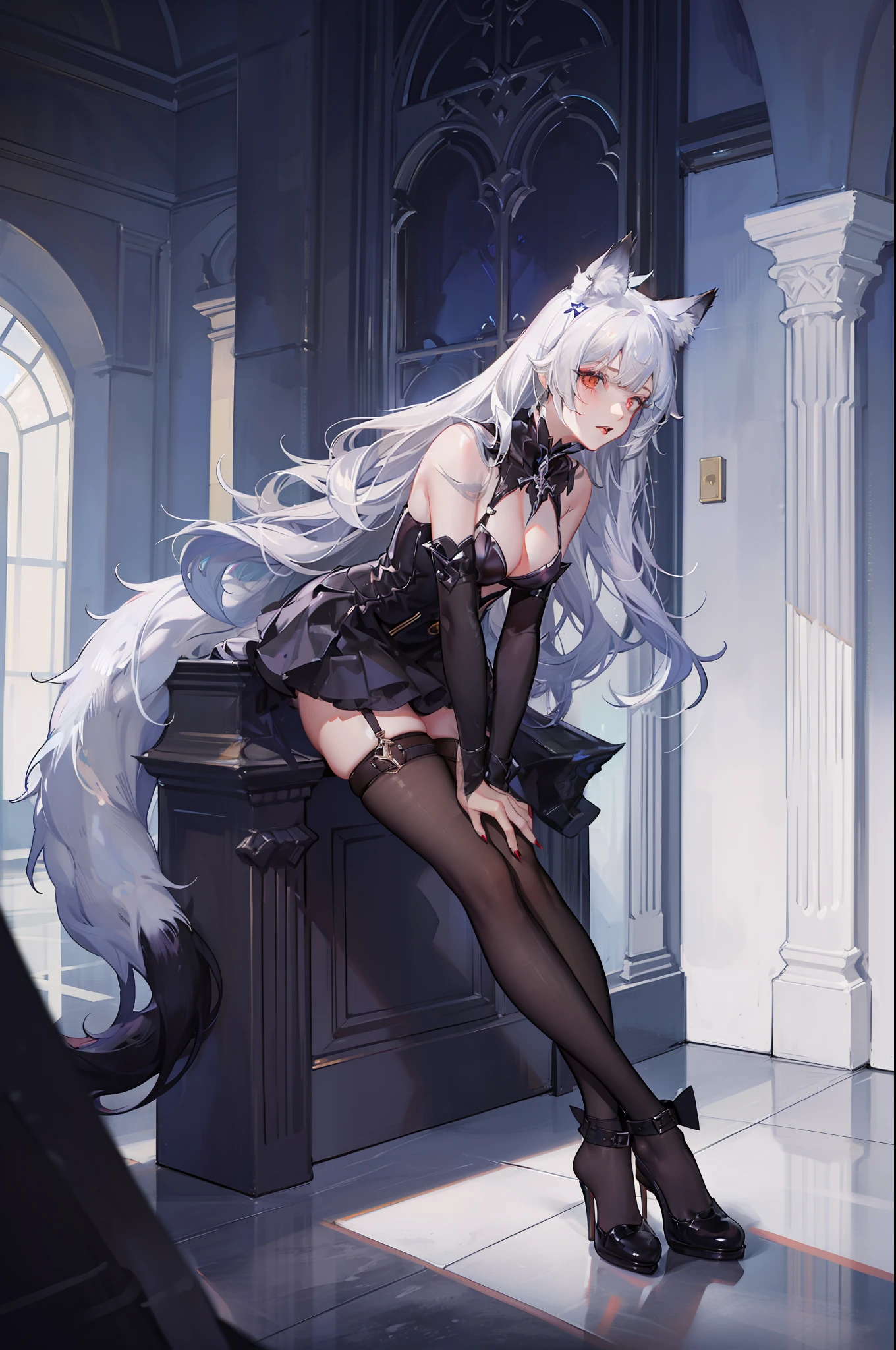 one woman, wolf ears, wolf tail, leather, sexy, masterpiece, good hands, good fingers, good legs, good feet, good eyes, long hair, dark skin, see-through, mistress, evil, sadistic, alluring, dominatrix,
